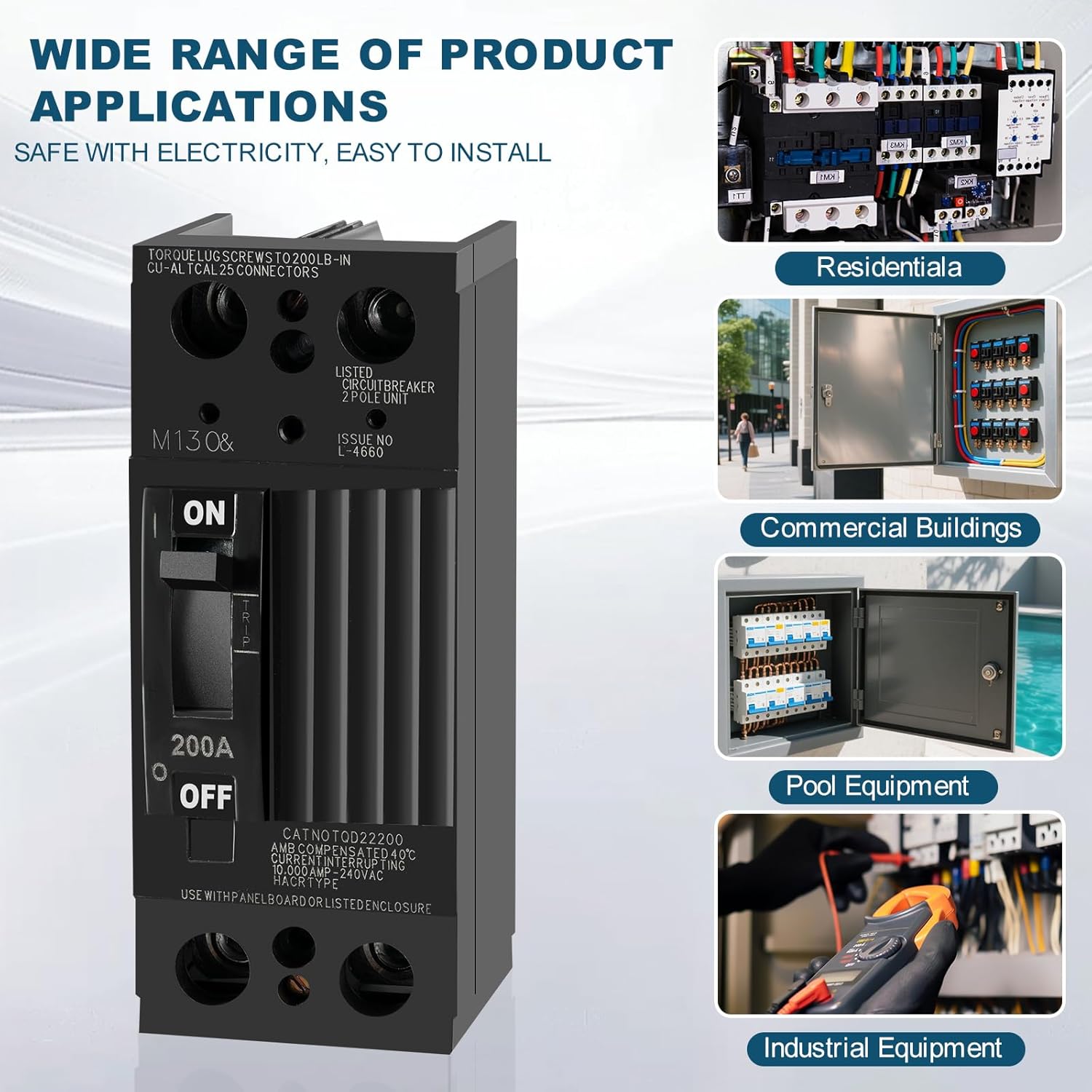 NEW TQD22200 2-Pole 200 Amp Circuit Breaker, Compatible with GE Load Centers, 10kAIC, 240 Volt, Thermal Magnetic Protection, Bolt-On Mount