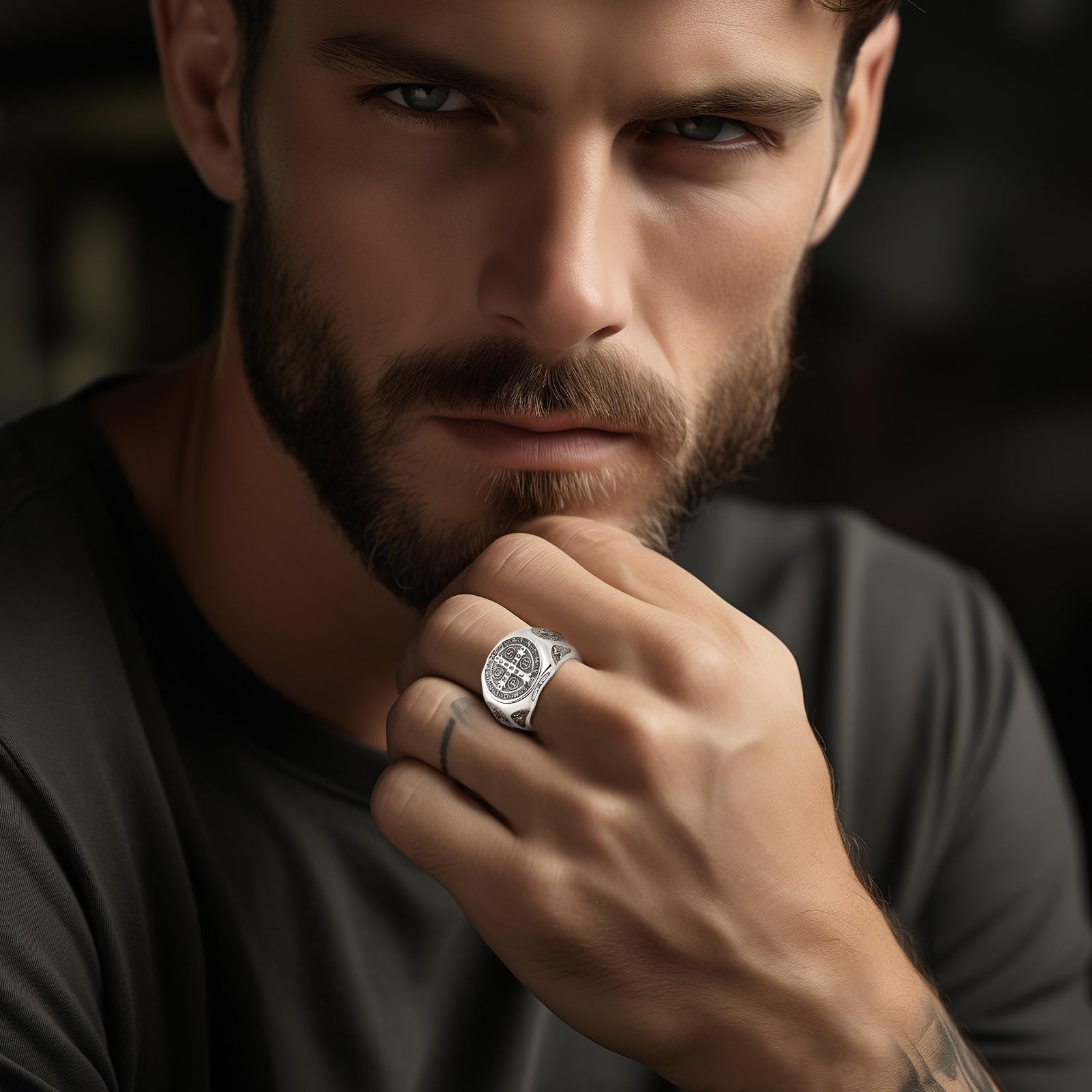 Anillo de Cruz/San Benito/Sello de los 7 Arcángeles/Cruz Ankh Plata de Ley S925 para Mujer Hombre, Ajustable Anillos Corazón de Jesús Abiertos Religión Regalo para Hombre Mujer