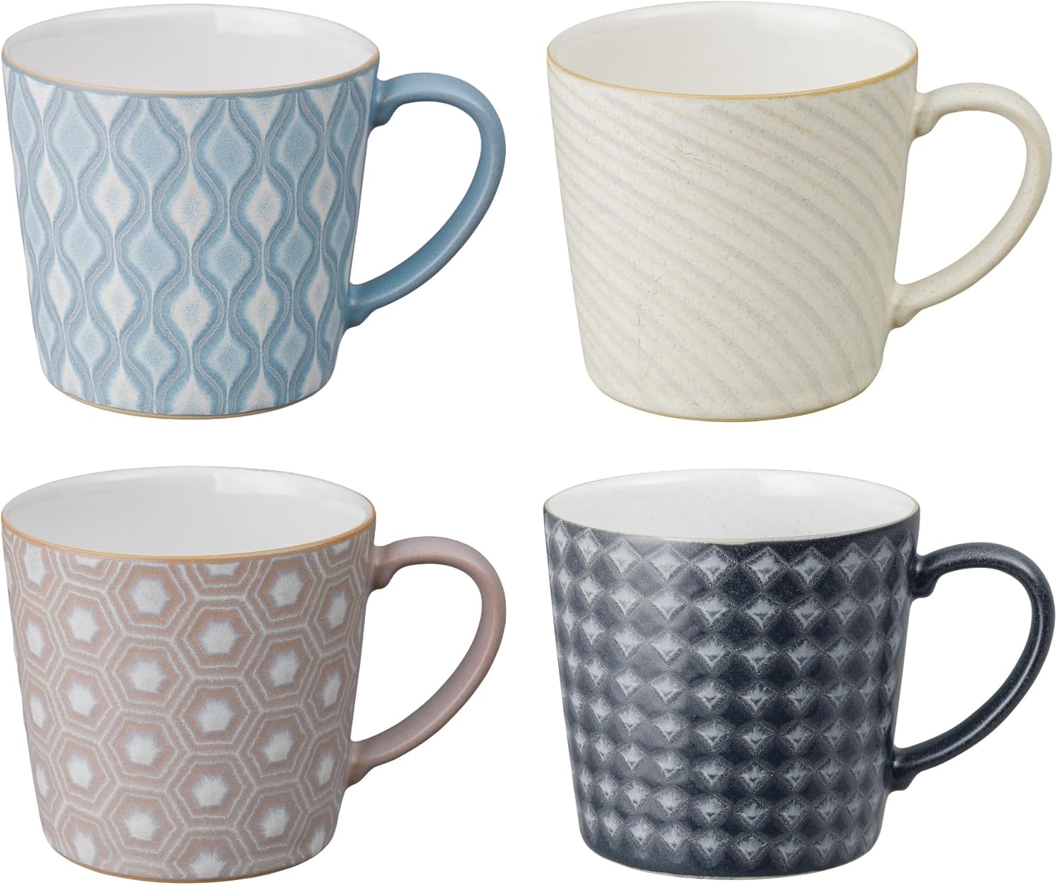Denby - Impression Mixed Color Large Coffee Mug Set of 4-13.5oz Patterned Stoneware Ceramic Tea Mug Set Patterned, Blue, Pink, Cream, Black - Dishwasher Safe, Microwave Safe
