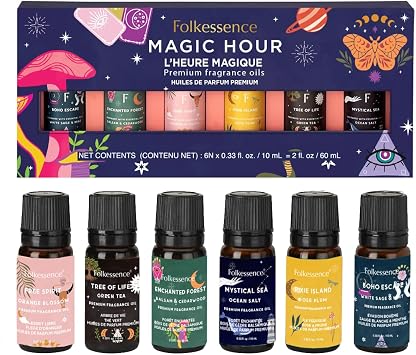 Folkulture Essential Oils Set for Diffuser | Set of 6 Fragrance Oils for Relaxation, Meditation & Wellness | Aromatherapy Scents White Sage, Green Tea, Cedarwood, Rose, Orange & More | Magic Hour