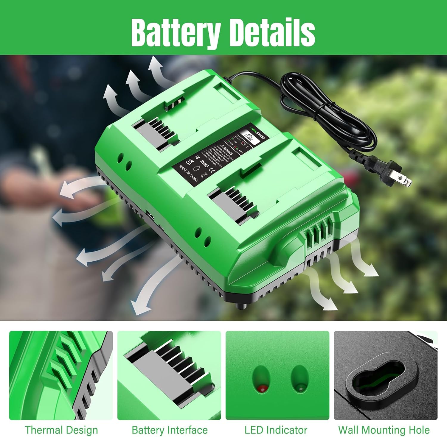 40V Dual-Port Replacement for Greenworks Battery Charger,USB Port,Fits 29482 29252 20202 22262 29472 29462 40V G-MAX Power Tools - Image 3