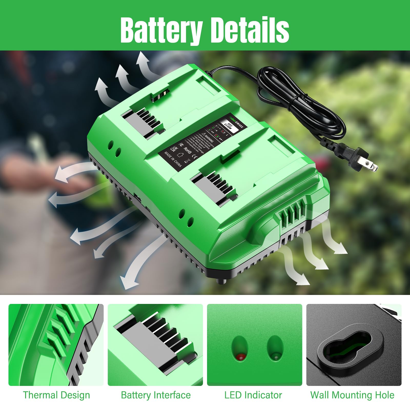 Cargador de batería rápido de doble canal de 40 V para greenwork