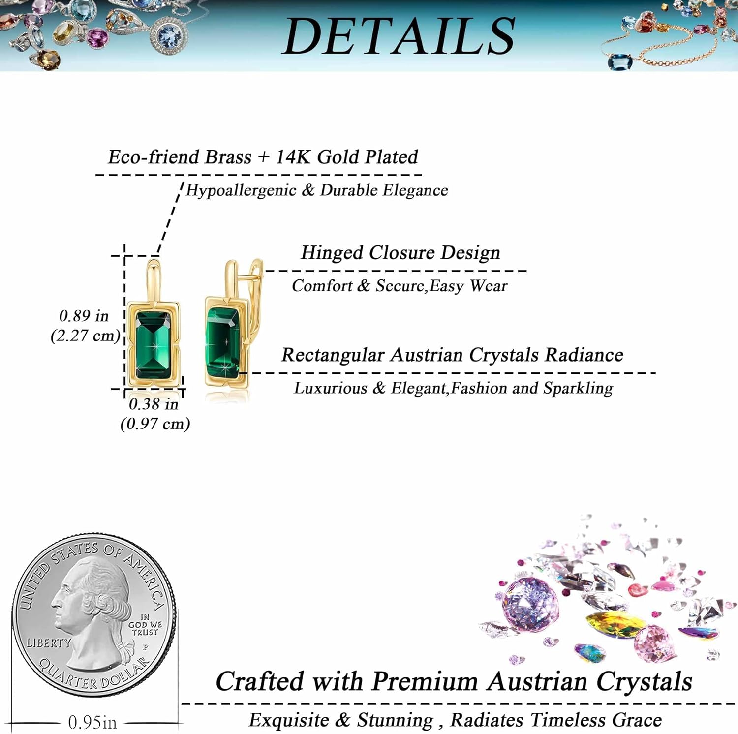 EVEVIC Austrian Crystal Leverback Earrings for Women Baguette Crystal Drop Earrings 14K Rose Gold Plated Hypoallergenic Jewelry Gift - Image 5