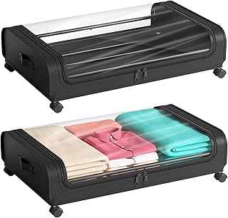 2 Pack Under Bed Storage with Wheels Lid 48L Rolling Metal Frame Underbed Containers Clear Window Storage Bag Box Organization Home Bedroom Organizer Drawer Bin for Clothes Shoes Toys Blankets Black