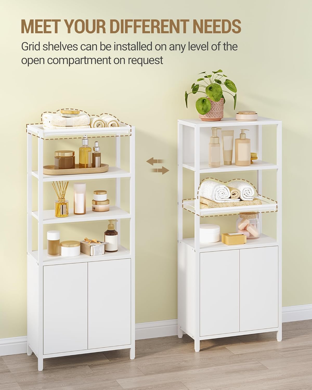 Storage Bathroom Cabinet, Bathroom Floor Cabinet with Doors and Open Adjustable Shelf, Small Cabinets with Ventilated Metal Grid, Freestanding Storage Cabinets, White 7.9"D x 15"W x 35.5"H