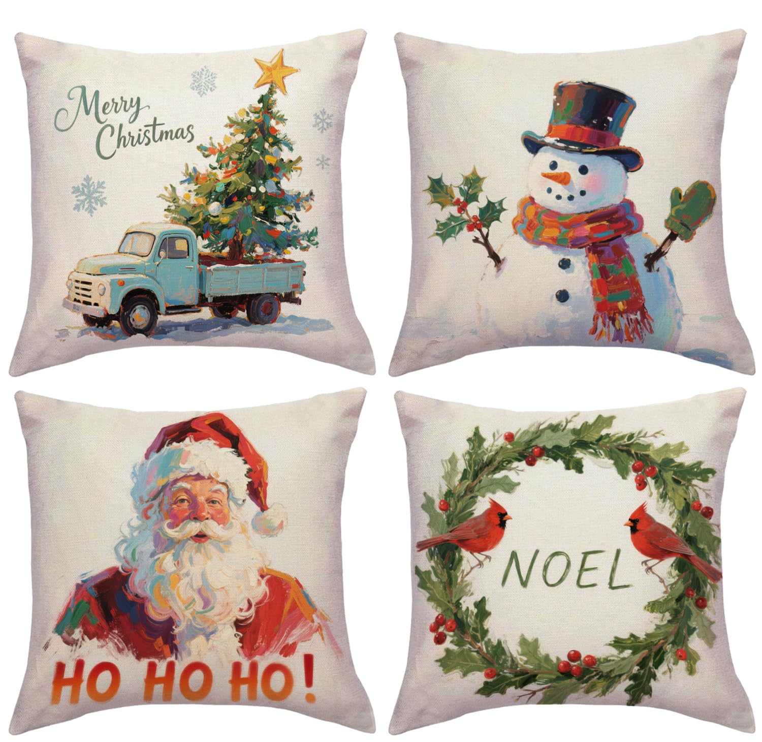 JAERUE Christmas Holiday Throw Pillowcases Merry Christmas Truck Santa Cardinal Noel Wreath Snowman Design Seasonal Farmhouse Winter Holiday