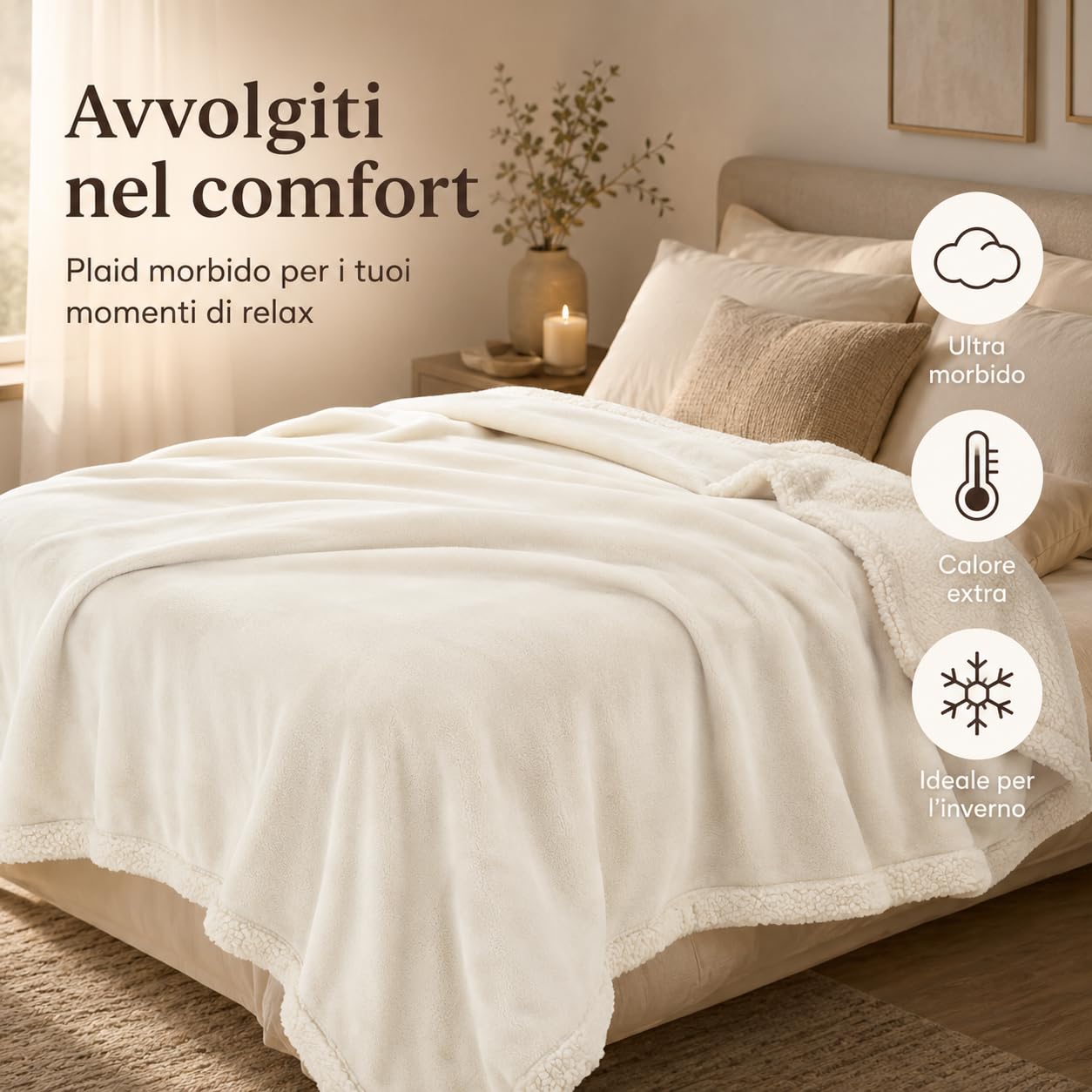 Coperta Plaid Pile, Sherpa e Flanella, 210x230 cm,Bianco