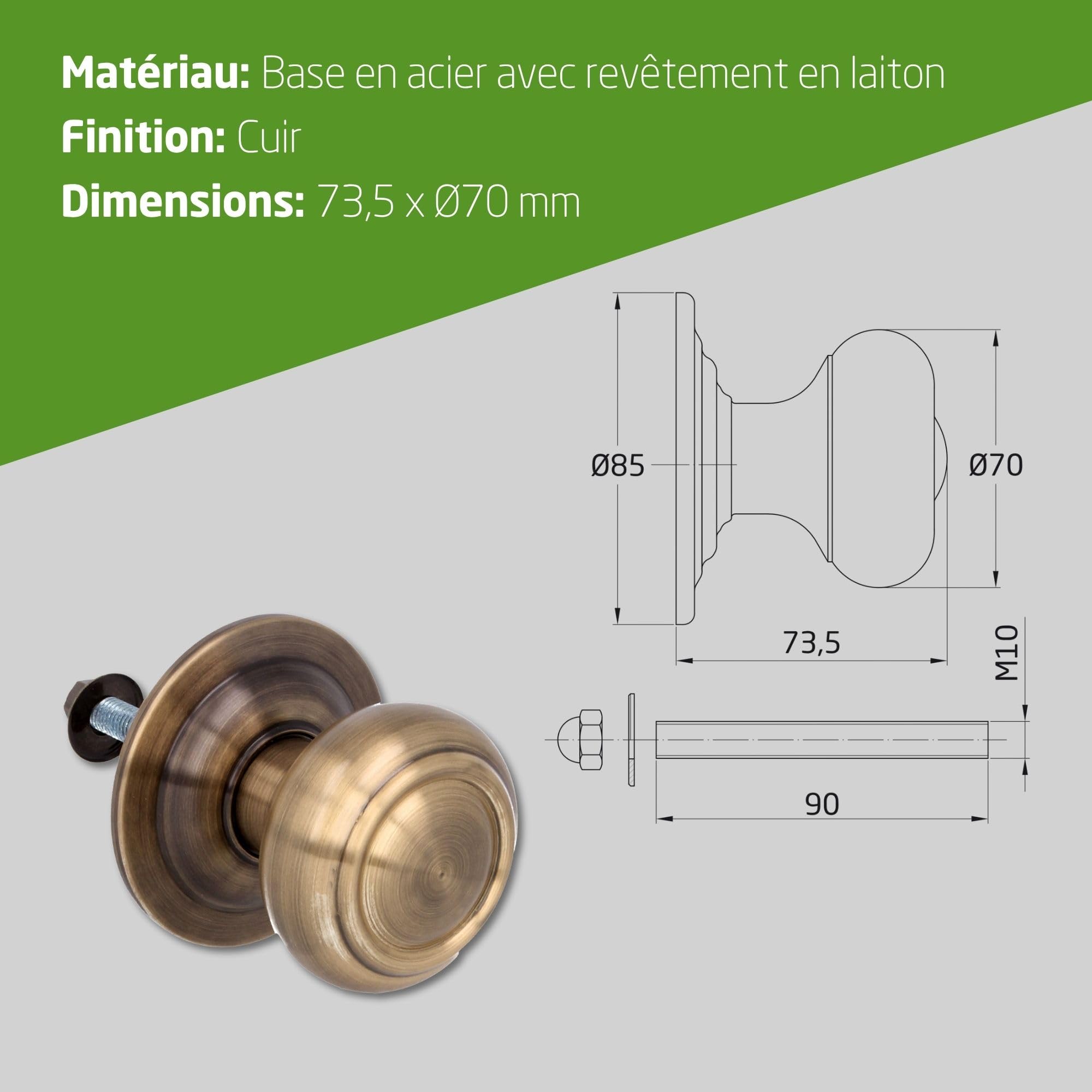 Amig - Bouton Rond pour Porte d’Entrée - Ø70 mm - Prise Confortable et Sécurisée - Couleur Cuir - Laiton - Fixation Incluse