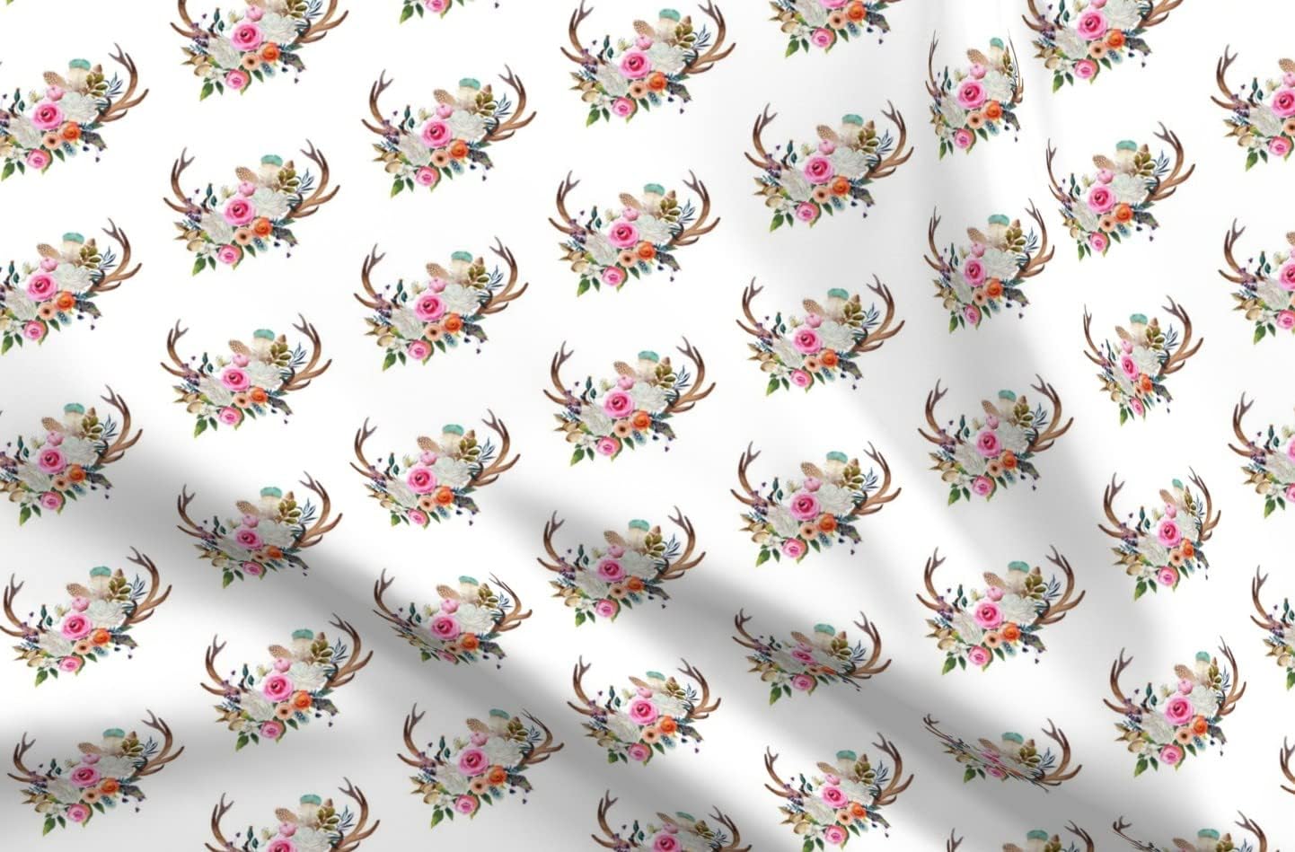 Spoonflower Fabric - Boho Deer Antlers White Feathers Woodland Girl Nursery Printed on Minky Fabric by The Yard - Sewing Baby Blankets Quilt Backing Plush