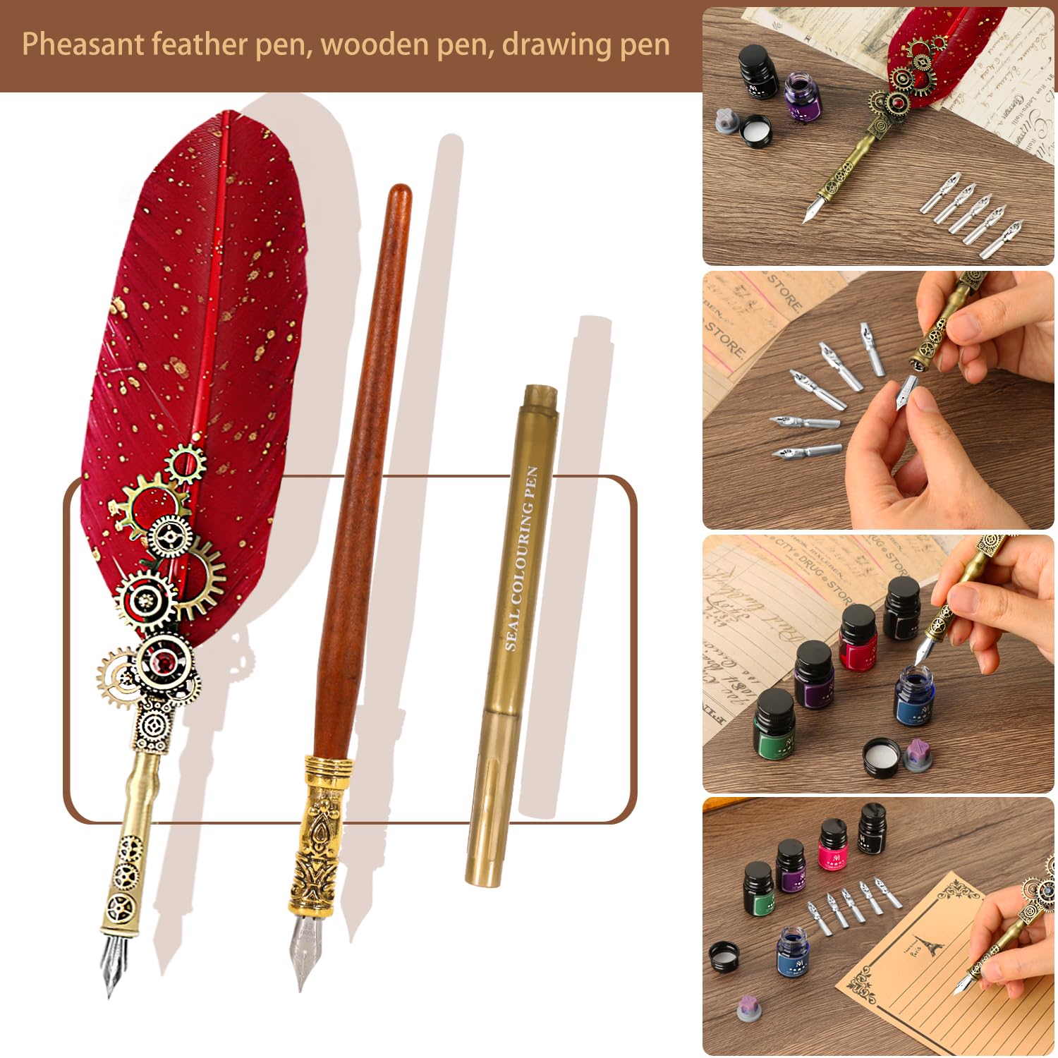 Quill Pen and Ink Set,Feather Pen Ink Set Includes Quill Pen,Wooden Pen,5 Replaceable Nibs,5 of Ink - Image 2