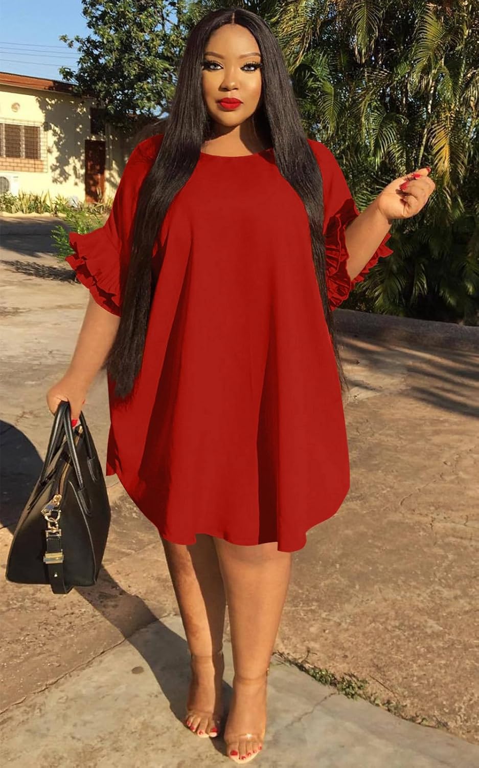 Ekaliy Women's Casual Vintage Ruffle Sleeve Loose Party Midi Plus Size Dress Casual Summer - Image 3