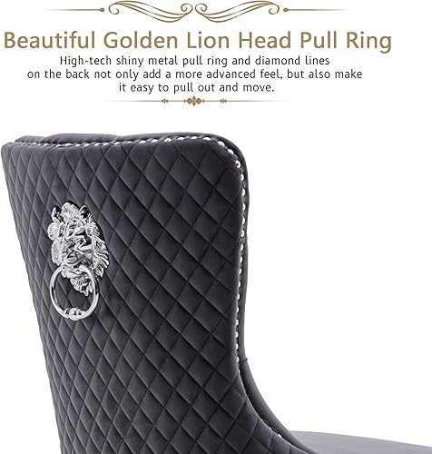 Miniatura 4 de KCC Juego de 2 sillas de comedor tapizadas de terciopelo, modernas sillas capitoné con botones con anillo de cabeza de león y patas de acero