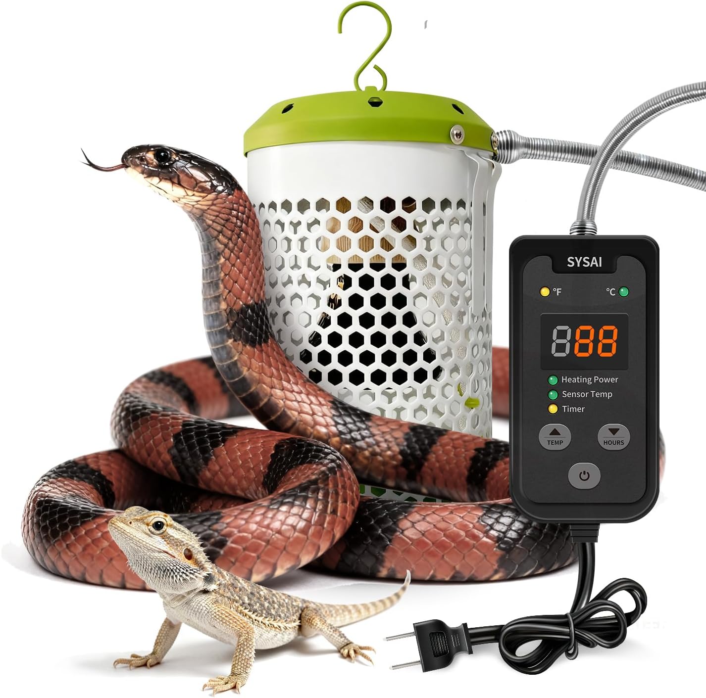 SYSAI 100W Reptile Heat Lamp with Adjustable Thermostat & Chew-Proof Cord for Snake, Bearded Dragon, Turtle, Amphibian Terrariums