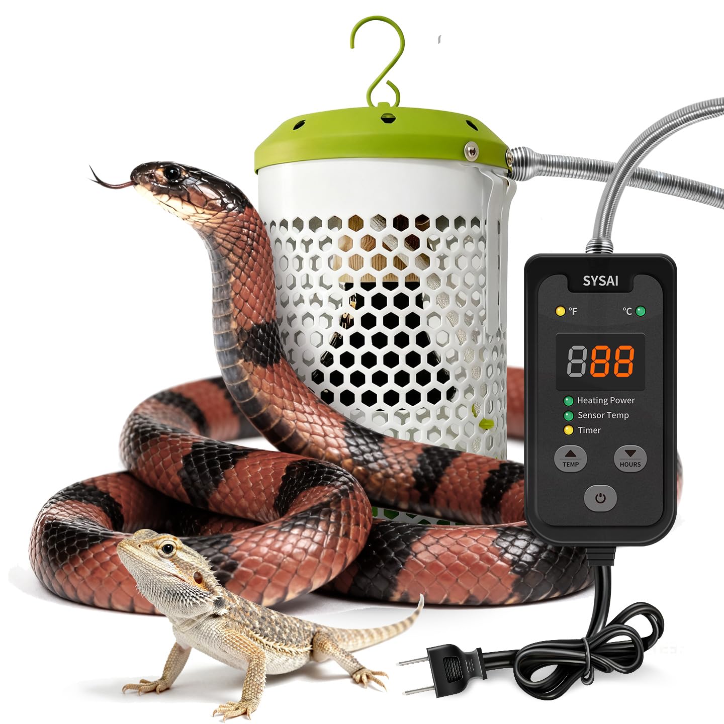 SYSAI 100W Reptile Heat Lamp with Adjustable Thermostat & Chew-Proof Cord for Snake, Bearded Dragon, Turtle, Amphibian Terrariums
