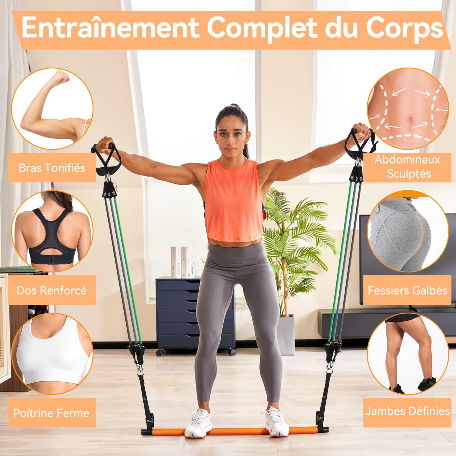 Hommie Elastique Musculation Barre de Pilates avec 6 Bandes Elastiques 20-220LBS Longueur Réglable & Ancrage de Porte pour Femme Homme 150-180CM Elastique Sport Fitness Yoga Étirement Squat