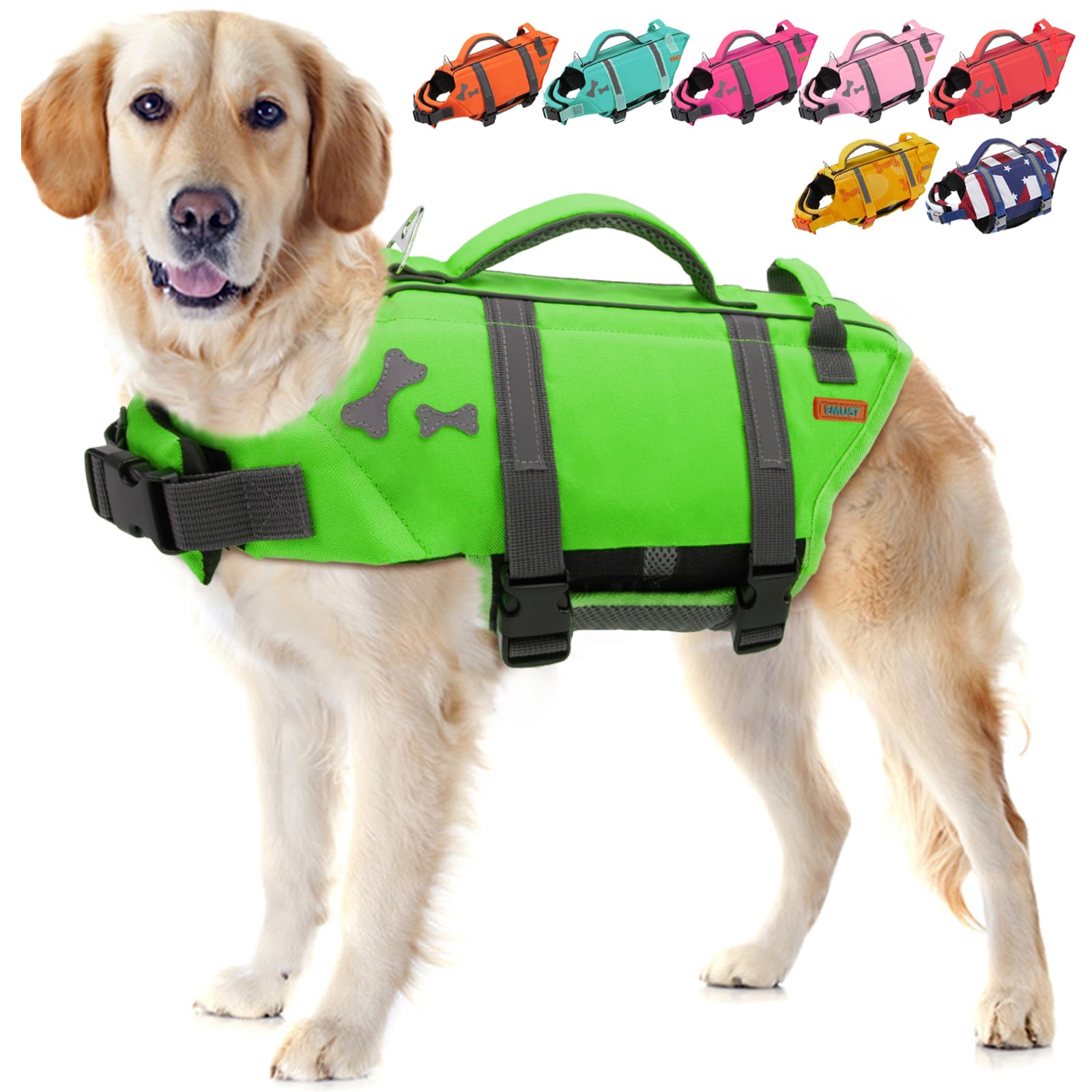 EMUST Dog Life Jacket, Lightweight Dog Life Vests with Rescue Handle for Small Medium and Large Dogs, Pet Safety Swimsuit Preserver for Swimming Pool Beach Boating, 2XL, NewGreen