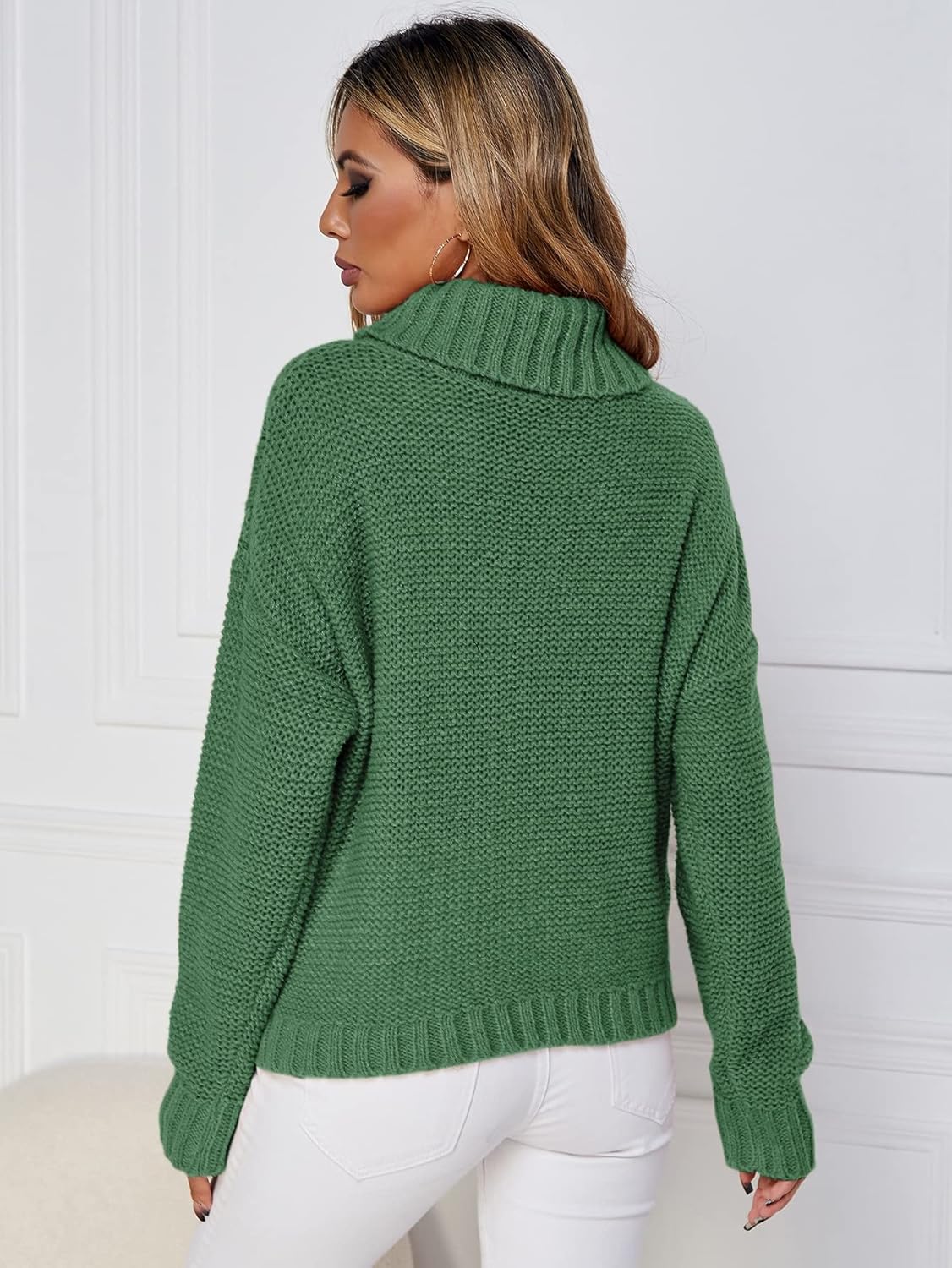 Women's Sweater Cable Knit Funnel Neck Sweater Sweater for Women (Color : Green, Size : Medium)