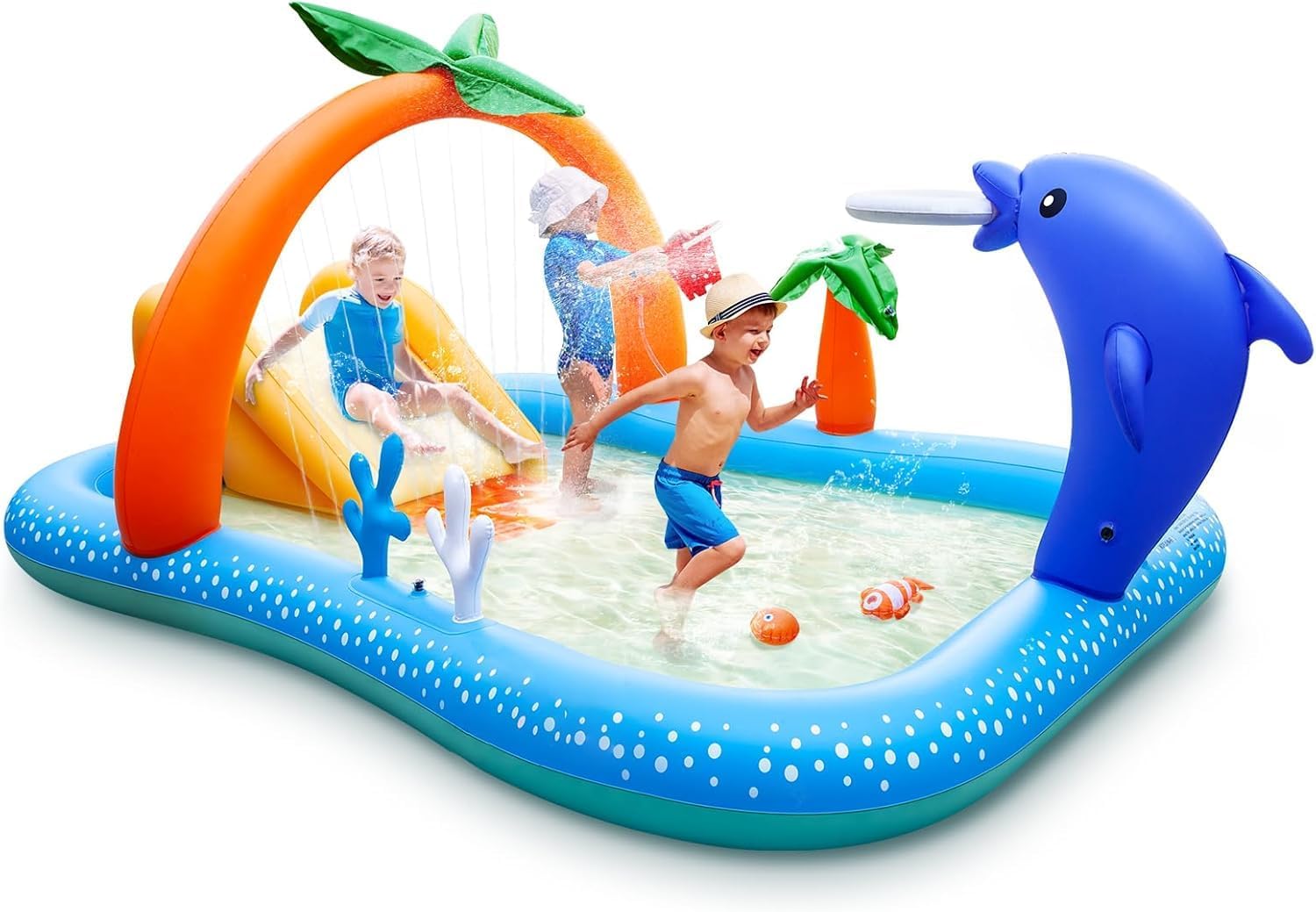 Kiddie Pool with Slide Inflatable Play Center Wading Lounge Kids Pool, Coconut Palm Sprinkler, Water Game Play Center, 95''x75''x40'', White (Blue-White)