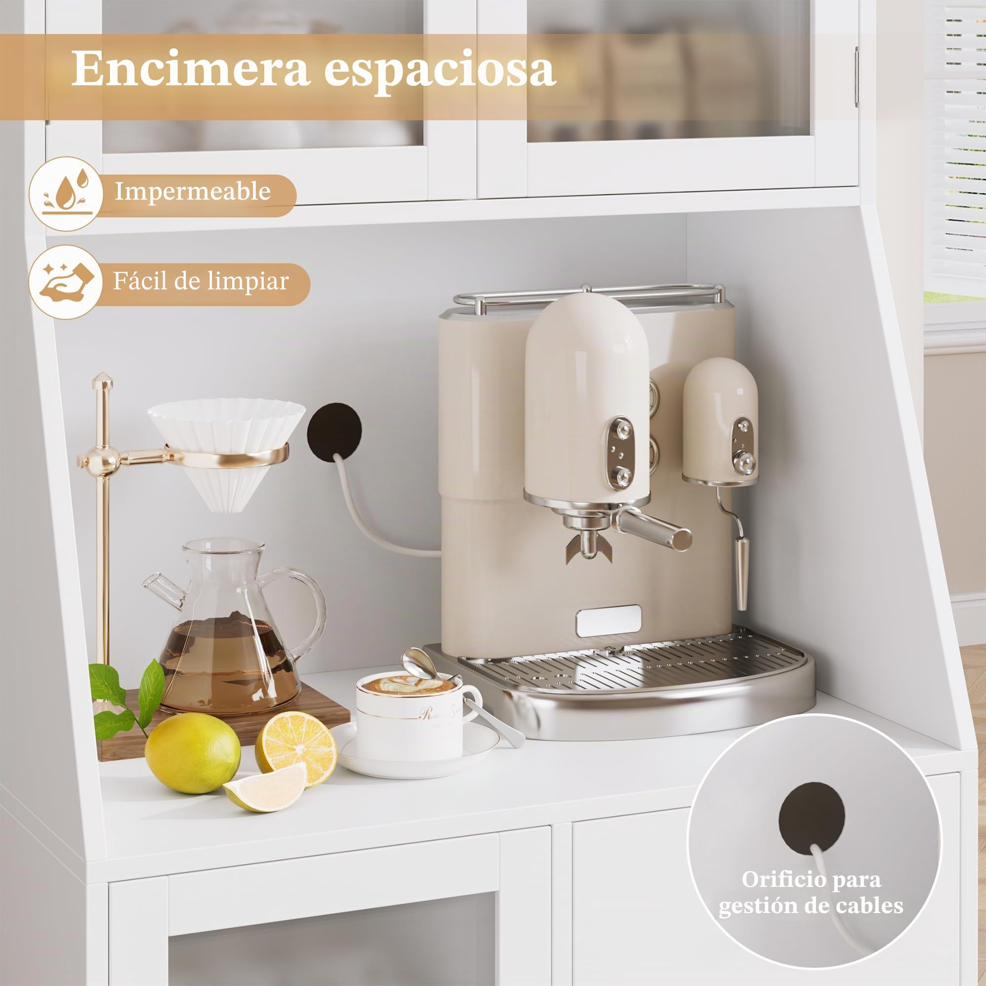 HOCSOK Alacena de Cocina con Encimera, Armario de Almacenamiento Alto con 3 Puertas y 4 Cajones para Salón, Comedor y Bar, Estilo Moderno, Blanco