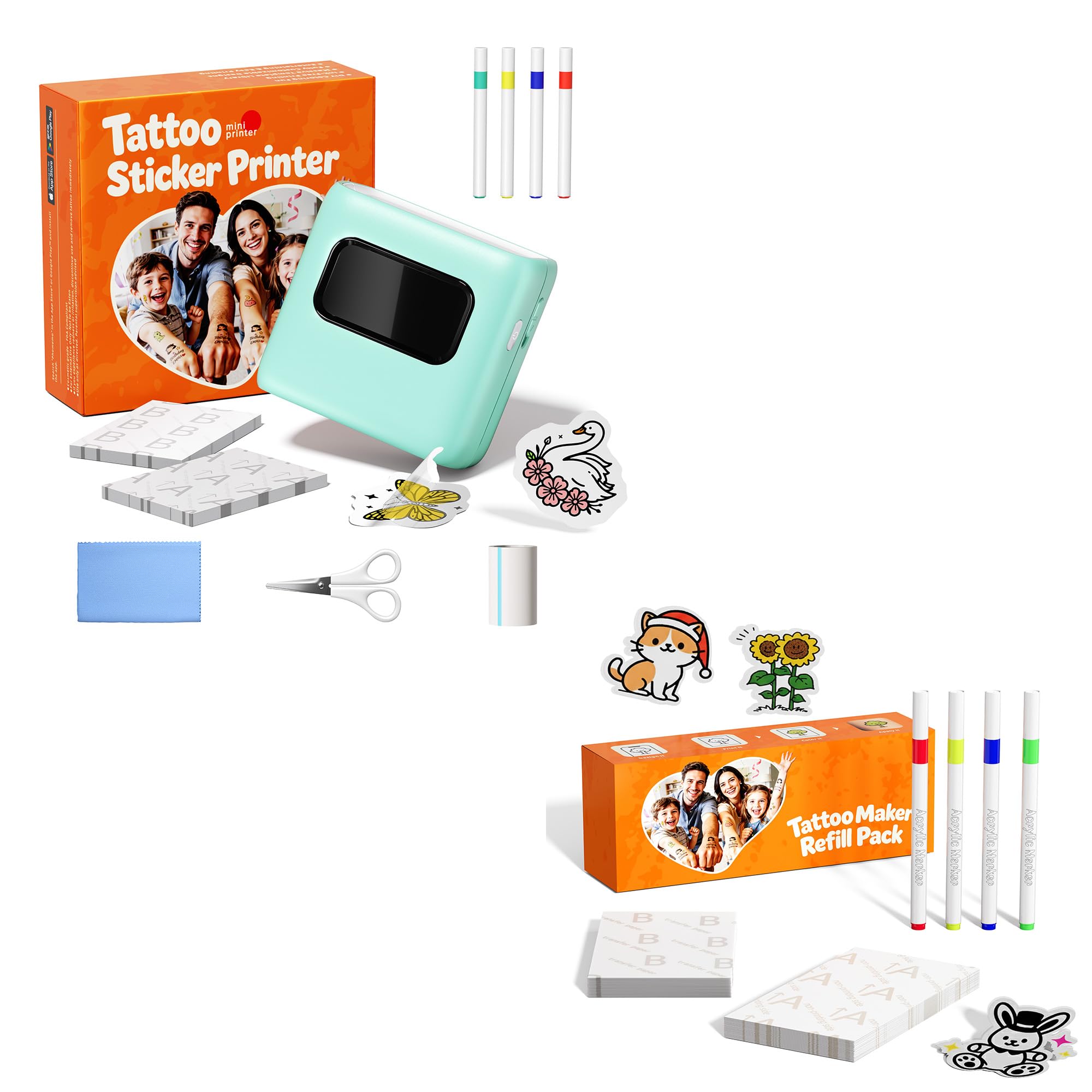 TATTMUSE Imprimante à Tatouage avec Pack de Recharge Papier pour Enfants - Créer des Tatouages Ephemere Personnalisés avec 80 Feuilles pour Tattoo et 8 Marqueurs