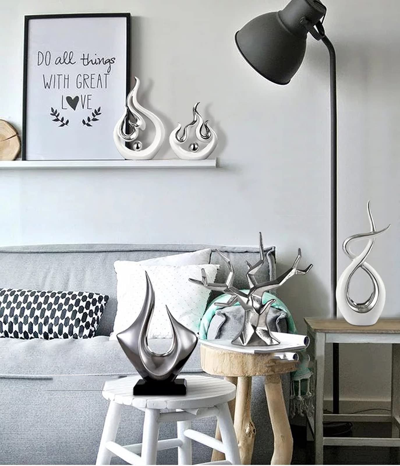 Statua Decorativa In Ceramica Moderna | Scultura Astratta Per Interni, Argento/Bianco - Foto 3