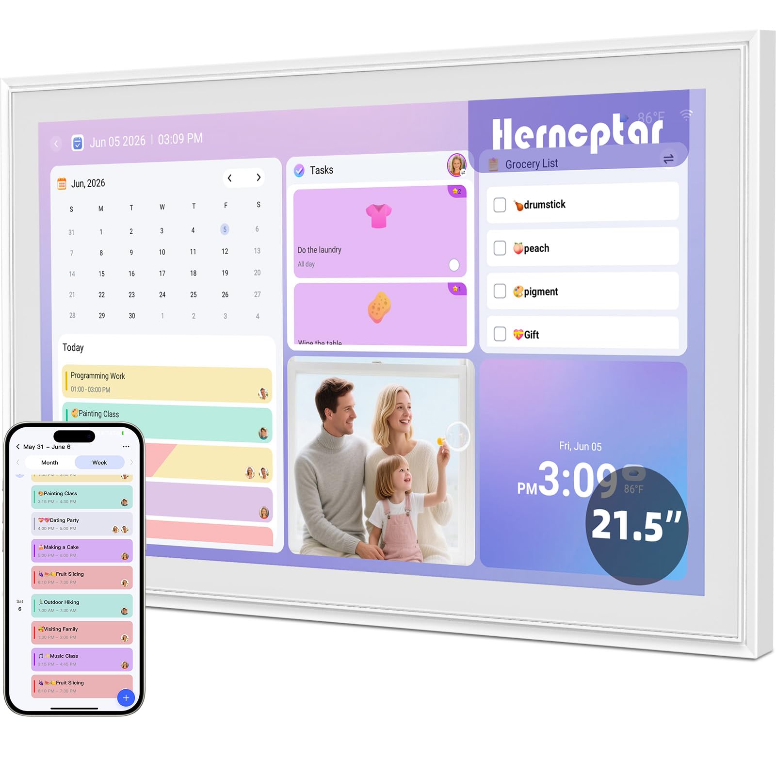 Planificador familiar digital inteligente de pared de 21.5 pulgadas, calendario digital con pantalla táctil Full HD con tabla de tareas, planificador de comidas y lista de compras para horarios
