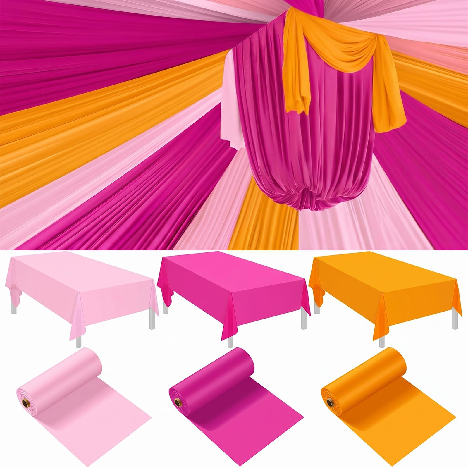 Blulu 3 rotoli da 101,6 x 30,5 m, tovaglie in plastica usa e getta per feste al tramonto rosa e arancione, copertura per tavolo fai da te, decorazione per matrimoni, compleanni, battesimi, tende