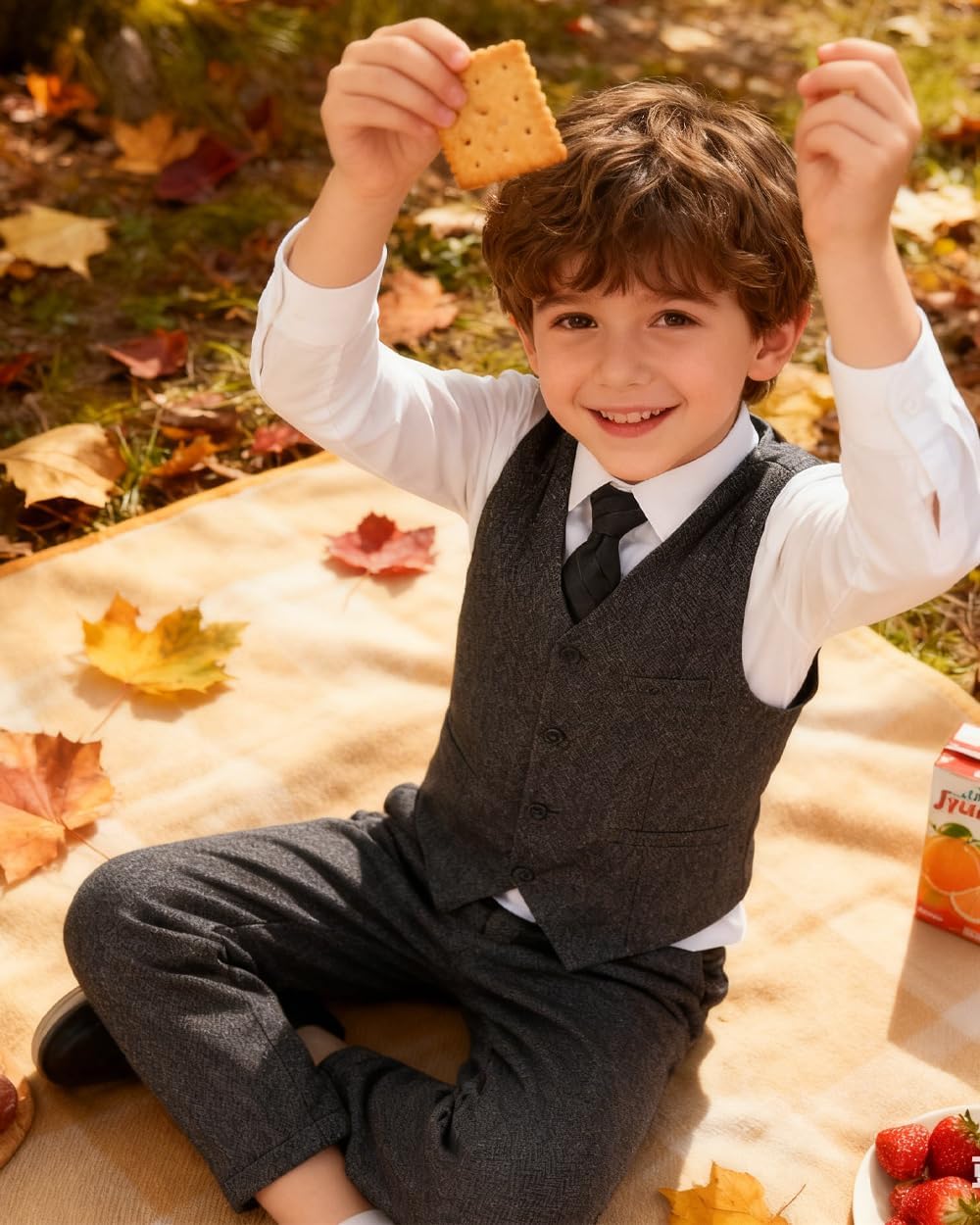 Herringbone Tweed Boys Suit 3 Piece Formal Boy Suits for Kids Slim Fit Tweeds Blazer Vest and Pants Set for Wedding Prom