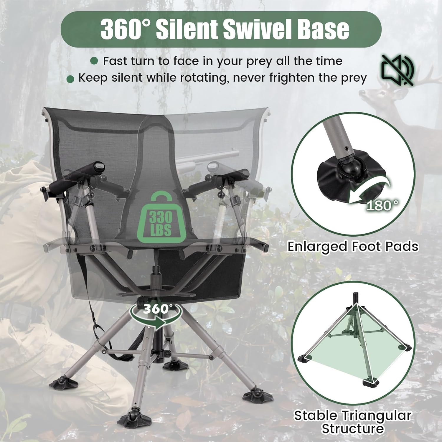GYMAX Hunting Chair with Gun Rest, 360° Swivel Hunting Blind Chair w/Adjustable Height & Armrest, All-Terrain Duck Feet, Shoulder Strap, 330 LBS Folding Outdoor Ground Blind Seat