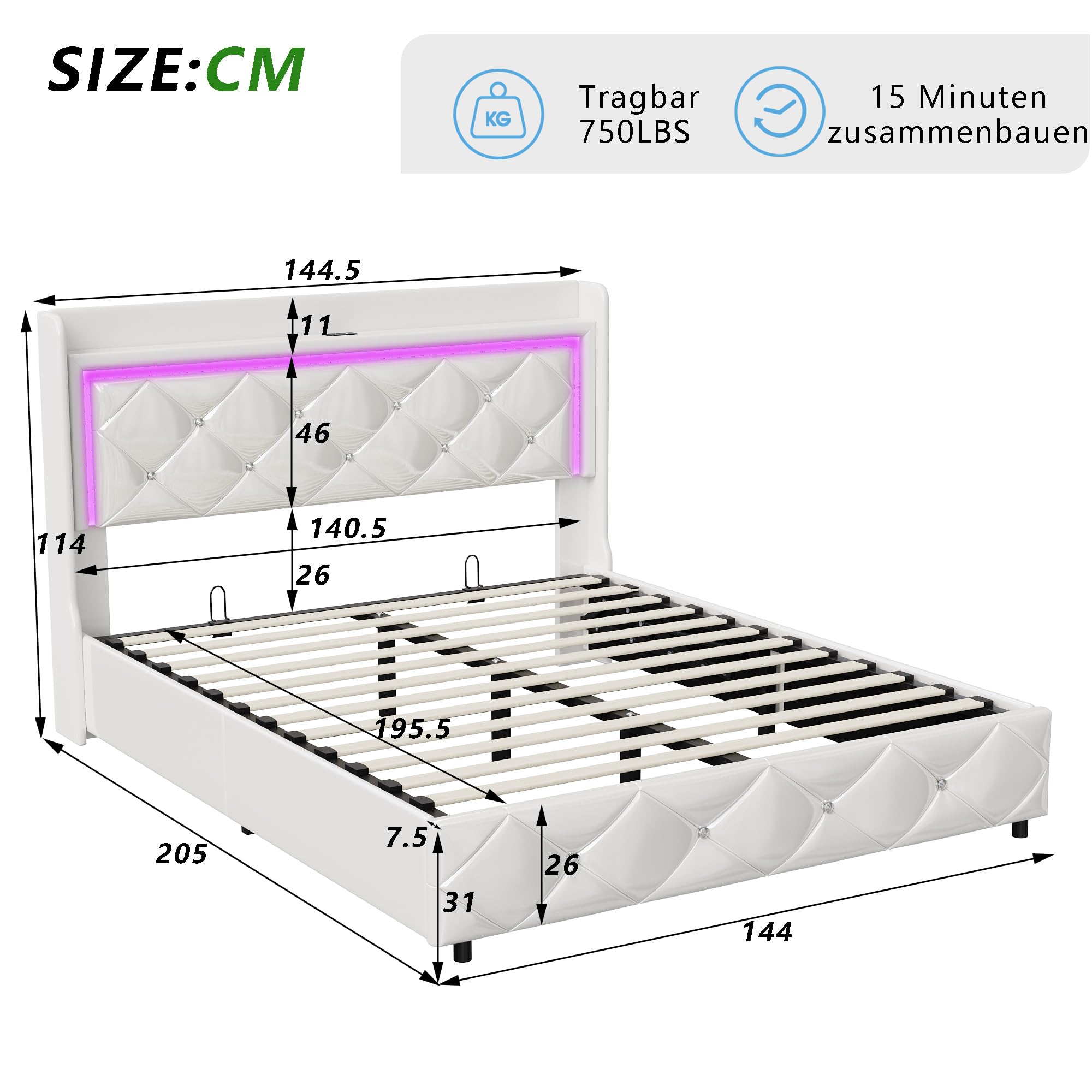 Letto baule 140 x 200 con rete a doghe LED e USB, letto matrimoniale 140 x 200 con contenitore e testiera per letti, letti imbottiti per 2 persone, telaio del letto 140 x 200 cm, pelle PU