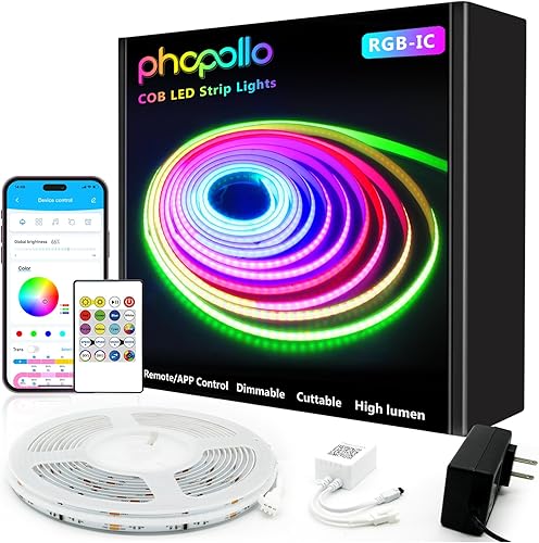 phopollo Tira de luces LED RGB Smart IC COB, direccionables 576 LEDsm de alta densidad flexibles de 24 V con control remoto y aplicación, luces LED