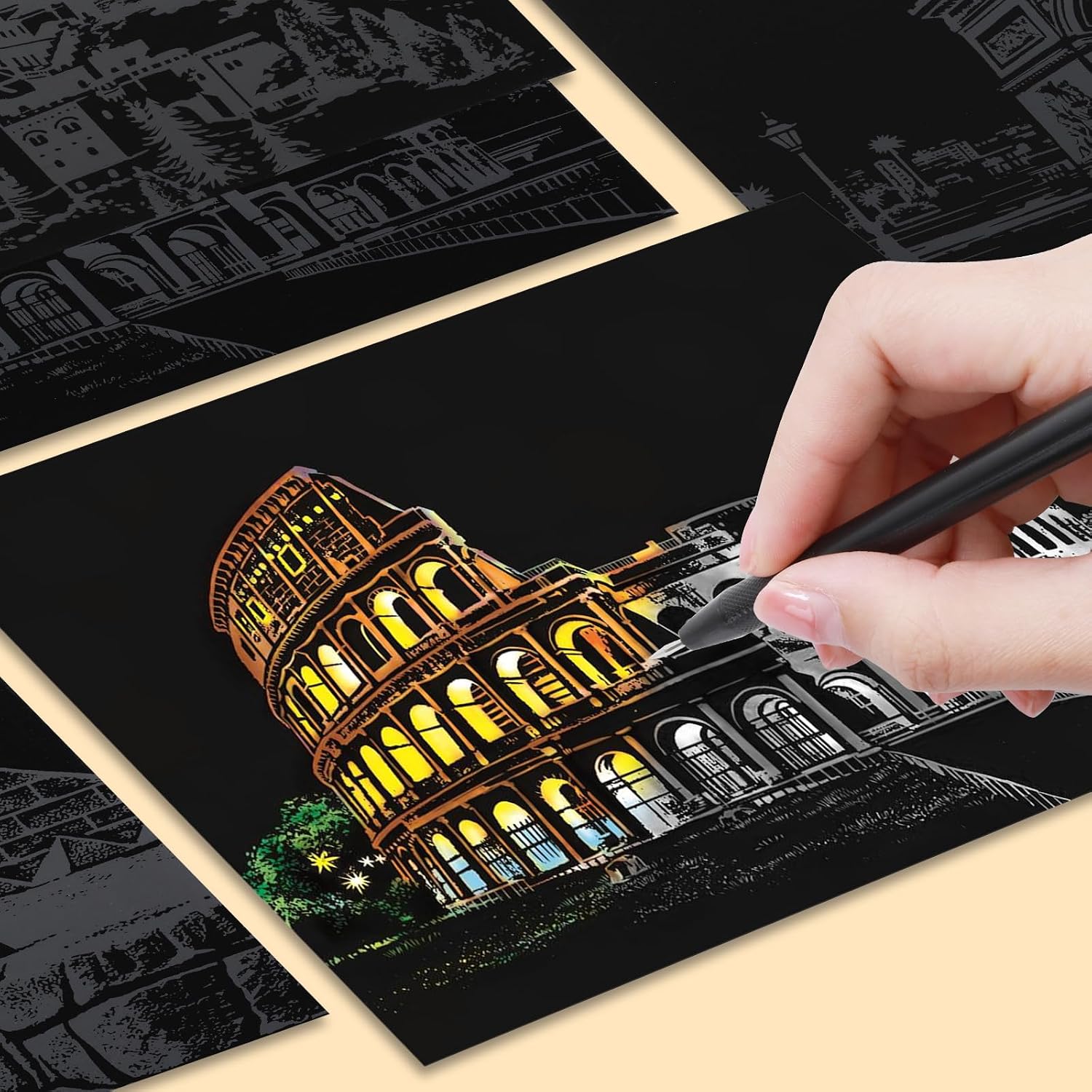 12 Pcs Scratch Art Paper Rainbow Scratch Paper with Scratching Tools Kit World Famous City Landmarks Scratch Art for Adults and Kids(A5 Size)