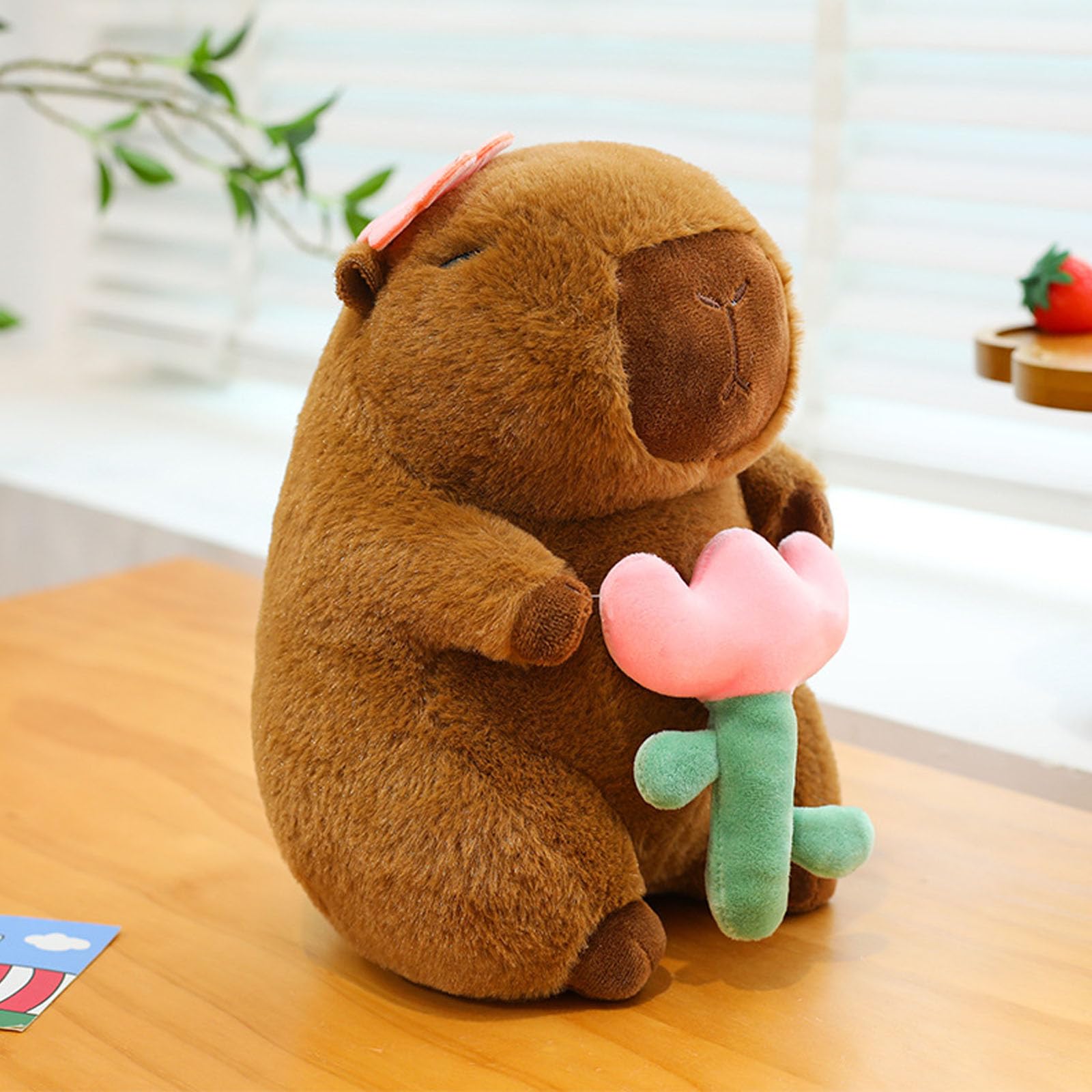 Capybara Plüschtier mit Blume, weiches Wasserschwein Kuscheltier, kreatives Stofftier zum Kuscheln, Kinder & Erwachsene (90cm)