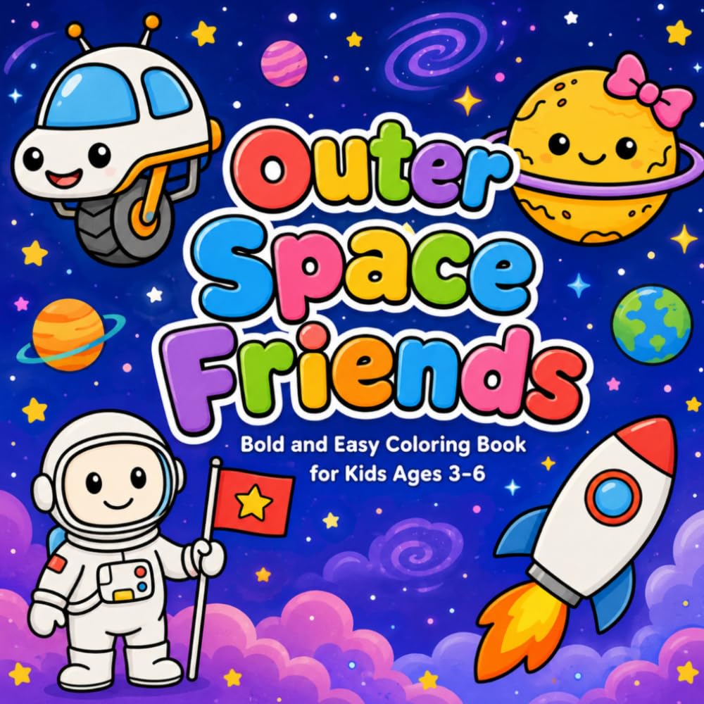 Outer Space Friends: Bold and Easy Coloring Book for Kids Ages 3-6: Fun Astronauts, Rockets, Planets, and Cute Aliens Space Adventures for Toddlers and Preschoolers