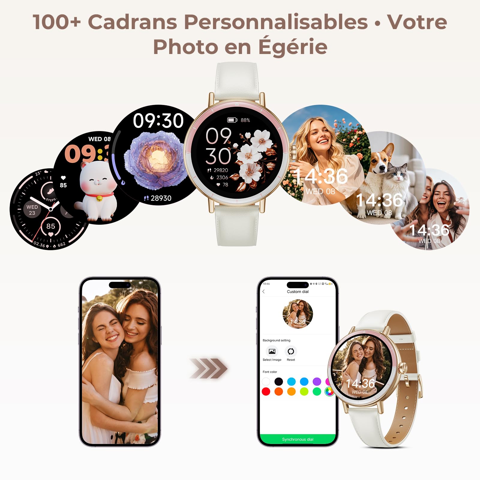 Montre Connectée Femme, 1,27'' HD Smartwatch Petit Poignet Ronde avec Cycle Menstruel/SpO2/Fréquence Cardiaque/Sommeil/Podomètre/100+ Modes Sportifs/IP68 pour Android iOS, Or Rose/Ivoire
