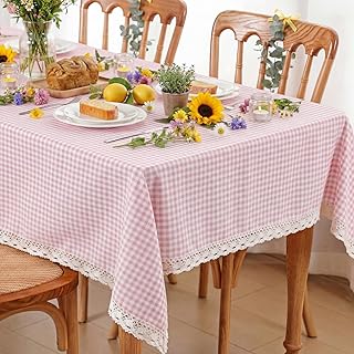 Moukeren Pink and White Gingham Tablecloth with Lace Trim Vintage Plaid ...