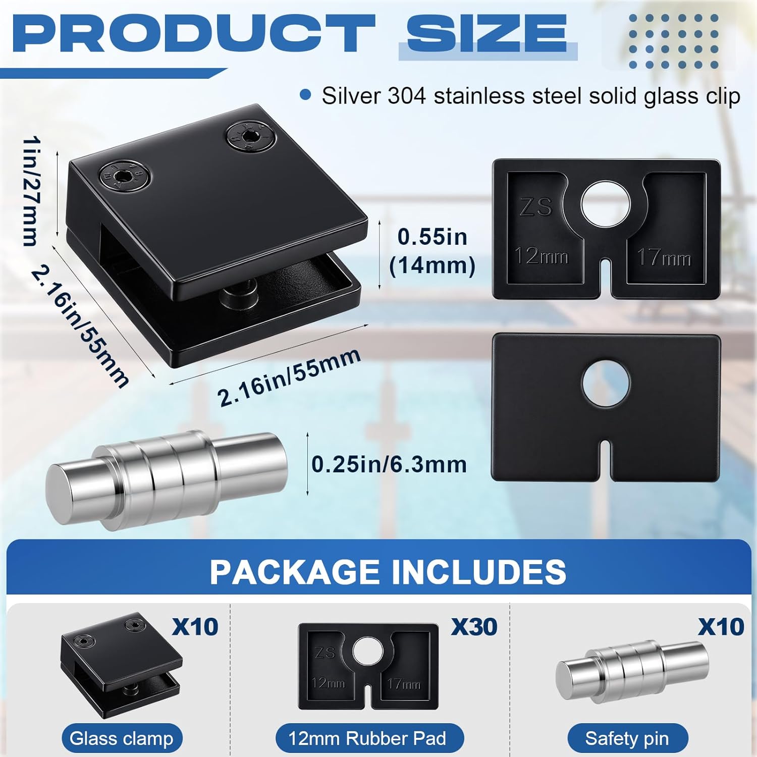 10 Sets Adjustable Square Glass Clamps for Thickness 3/8"-1/2" Stainless Steel Heavy Duty Glass Shelf Bracket Kits for Railing Stairs Balcony Pool Fence Handrail(Black)