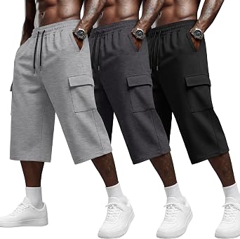 Neer 3 Pack Mens Capri Cargo Shorts Baggy Wide Leg Below Knee 3/4 Pants Drawstring Lightweight Summer Sweatpants Pockets