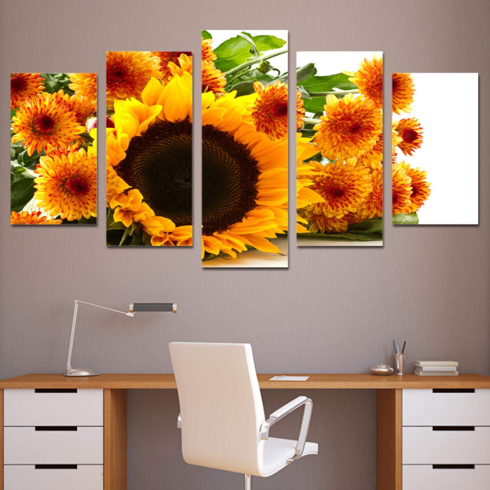 MARYSHARON Modern HD Printed Painting Flowers Canvas Home Decor 5 Panel Yellow Sunflower Landscape Poster Frame Modular Wall Picture PENGDA A