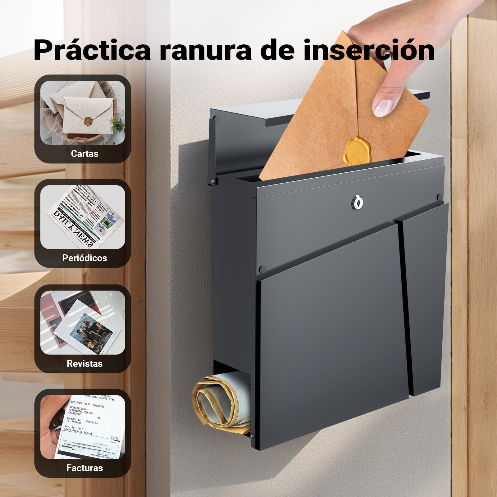 Wiltec Buzón de diseño V23 Antracita 370 x 102 x 370 mm, de Pared con Cerradura y Hueco para el periódico, de Acero con Recubrimiento en Polvo