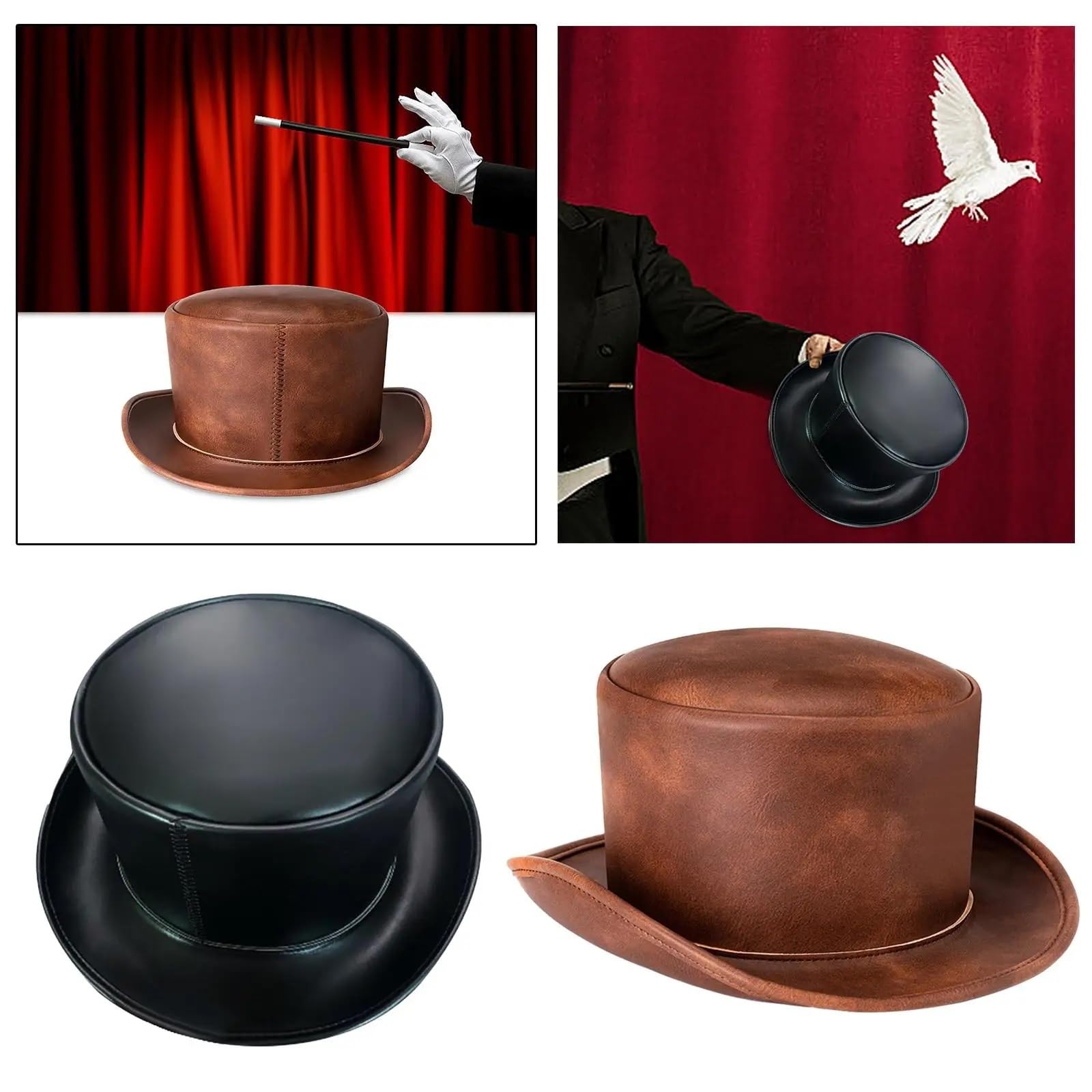Sombrero de Copa Sombrero De Copa Hombres Mujeres Cuero De PU Adultos Sombrero De Copa For Fiesta Disfraces Viajes Discoteca(Brown)