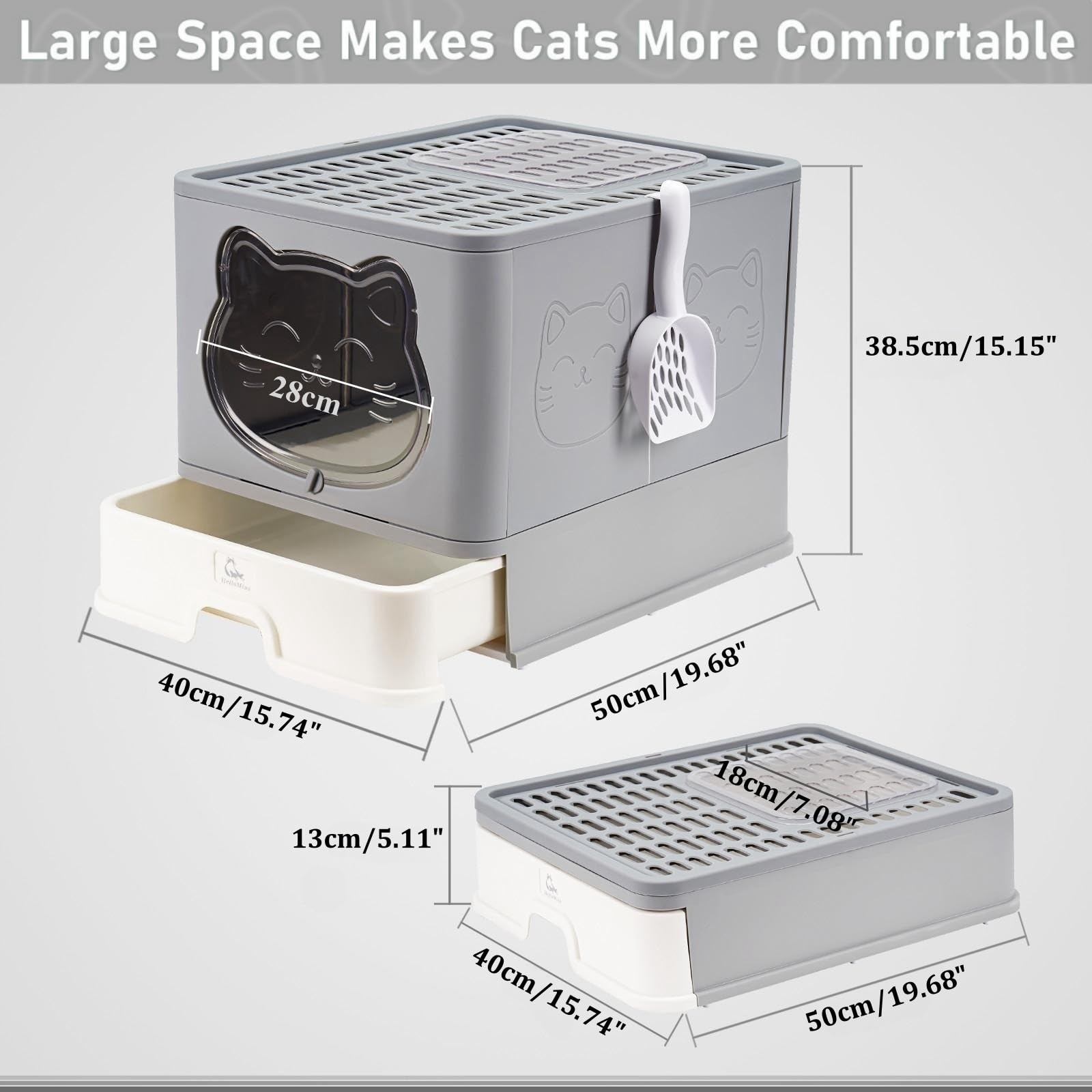 Lettiera per gatti completamente chiusa con coperchio, tipo di cassetto, deodorante per gatti, con paletta in plastica per animali domestici, adatta per gatti di tutte le età