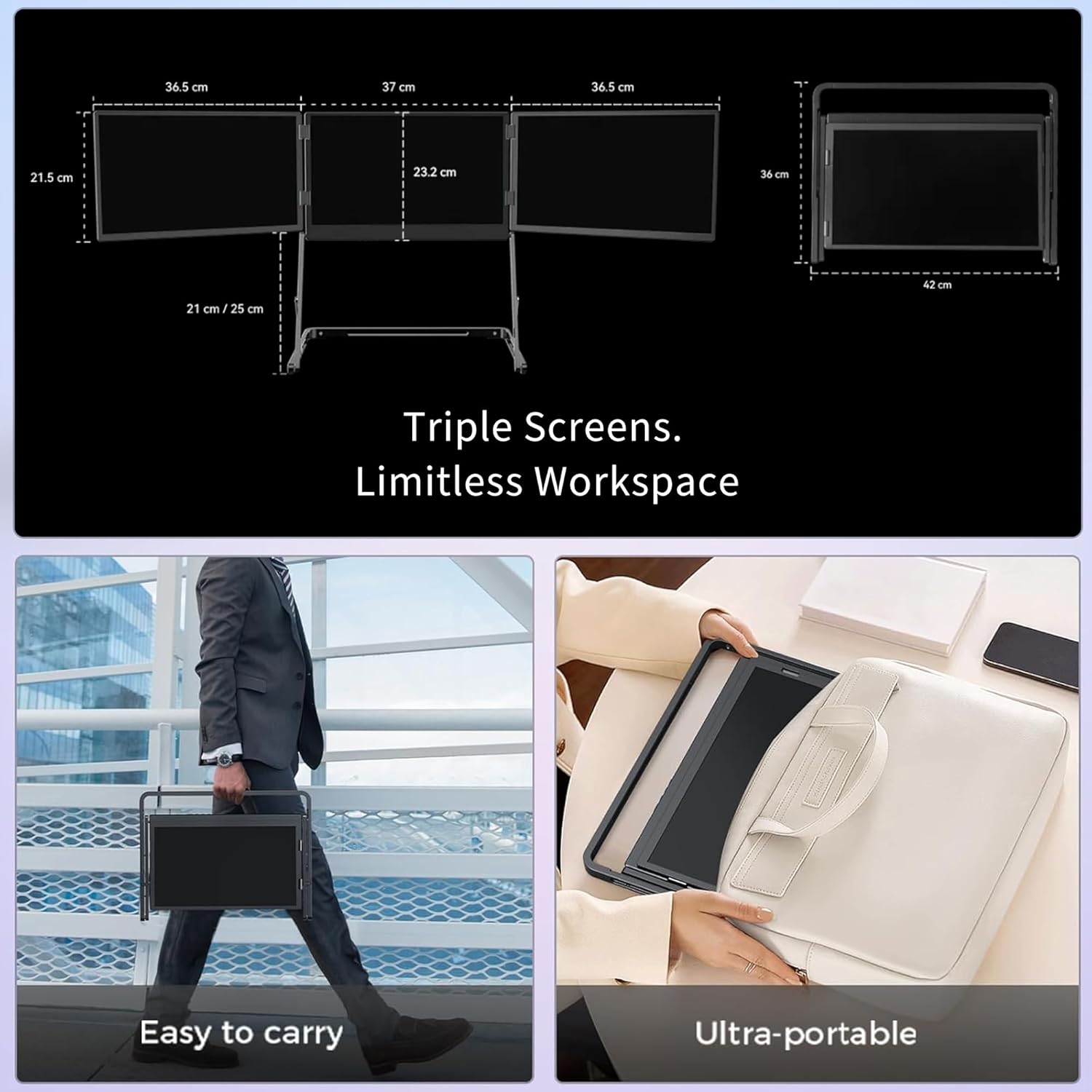 15.6" Laptop Screen Extender Monitor Portable, Quad Monitor, Just 1 Cable for 3 Screens, FHD 1080P IPS Laptop Extender Compatible with Wins/Mac for 13.6" - 17.3" Laptops (Triple screen, Grey, 15.6")