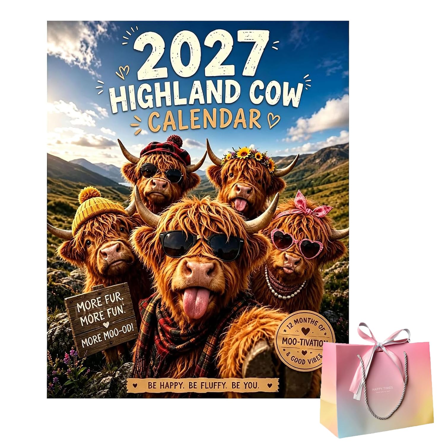 2027 Funny Highland Cow Wall Calendar, A4 Hanging Calendar (#A)