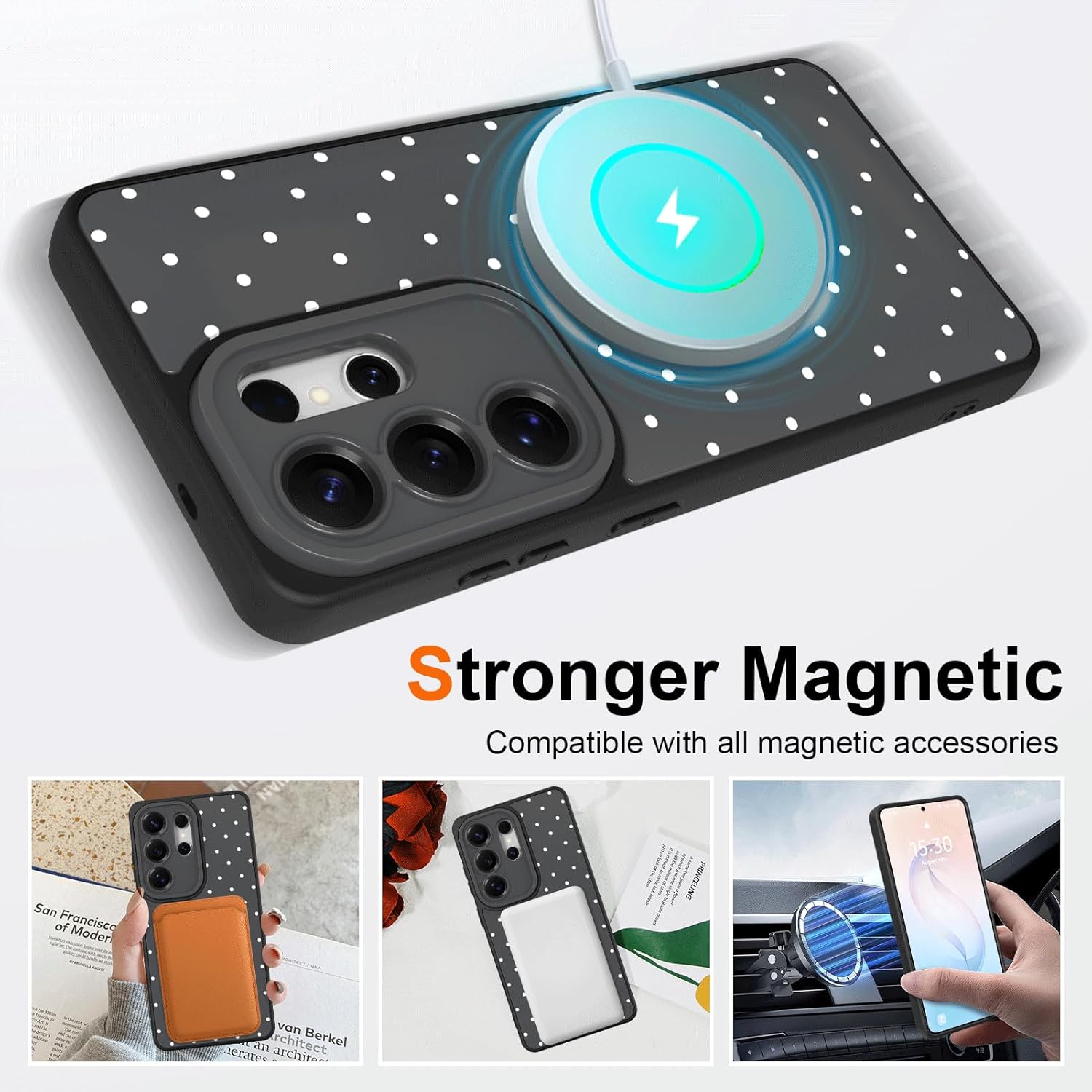 KANGHAR for Samsung Galaxy S26 Ultra Case, Cute Polka Dot Phone Cover with Kickstand & Adjustable Finger Strap, Full Camera Protection, Shockproof Protective Magnetic Cover - Black