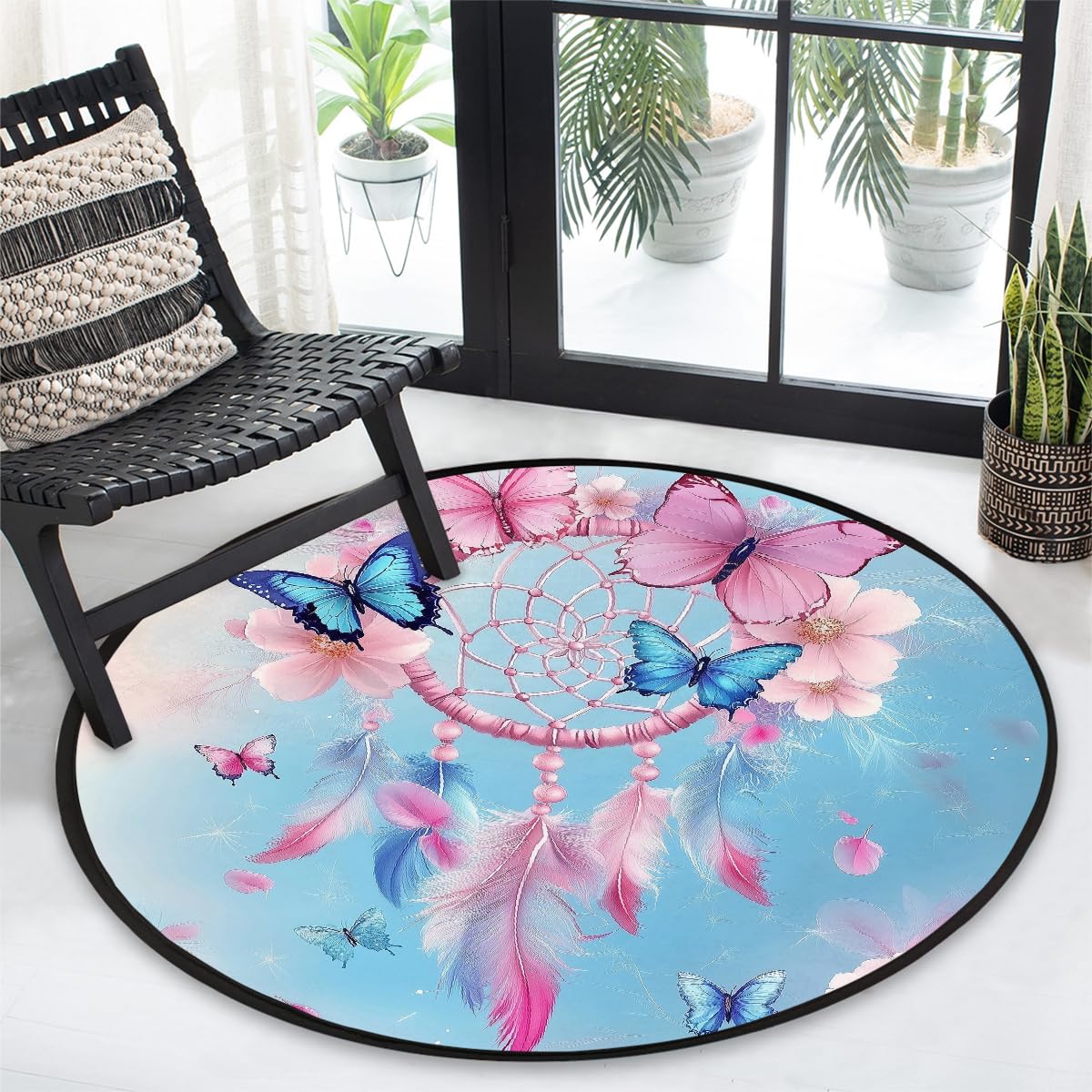 Traumfänger-Teppich mit Schmetterlingen, rund, waschbar, Gaming-Teppich für Schlafzimmer, Wohnzimmer, Arbeitszimmer, Bodenmatte, 160 cm