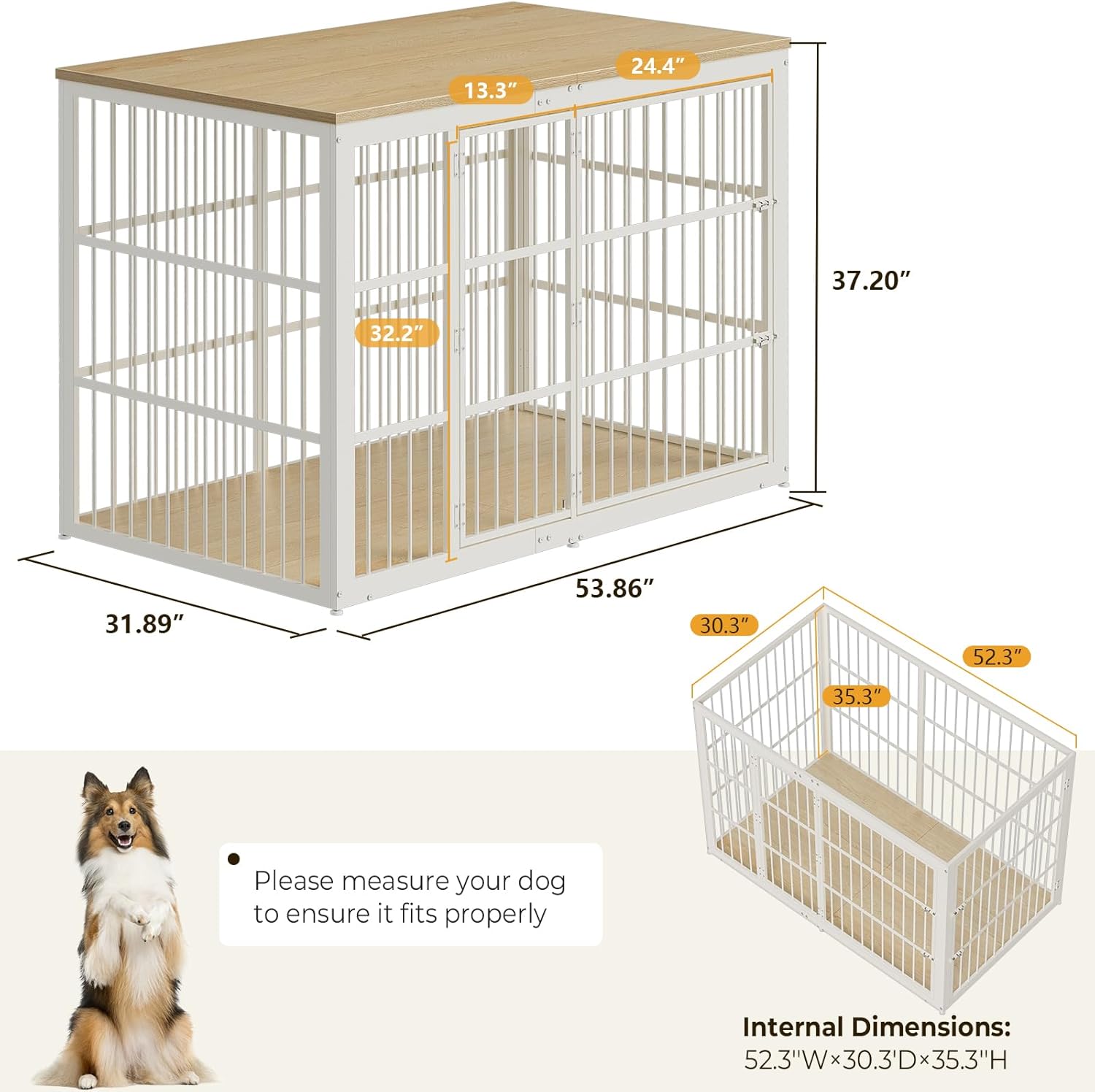 Diagram showing the external and internal dimensions of the Lyromix 54-inch Dog Crate Furniture.