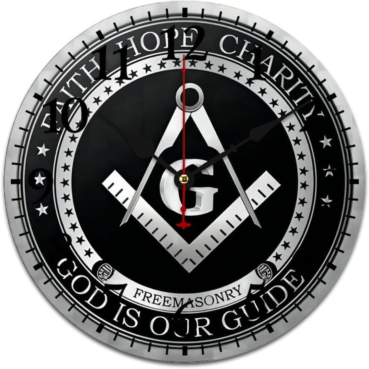 Masonic Faith Hope and Charity Freemason Logo Black Silent Wall Clock, Vintage Rustic Decoration Round Wall Clock for Bedroom, Bathroom, Living Room, Home Office(13.4 * 13.4in)