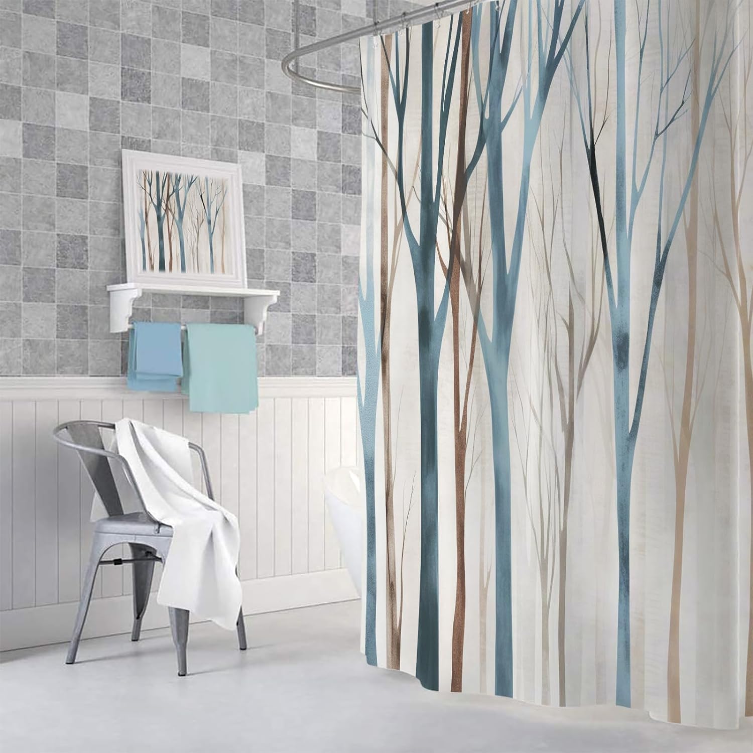 MERCHR Blue and Brown Birch Tree Shower Curtain, Beige Tan Forest Abstract Art Rustic Fabric Shower Curtains Set for Bathroom Decorative, Farmhouse Restroom Decor Accessories with Hooks 72X75 inch