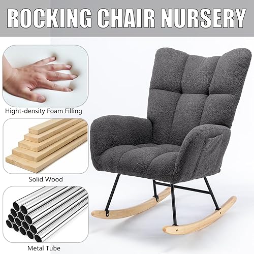 Miniatura 4 de ivoros Silla mecedora para guardería, mecedora de tela de peluche, asiento acolchado con respaldo alto, sillas modernas para guardería, dormitorio,